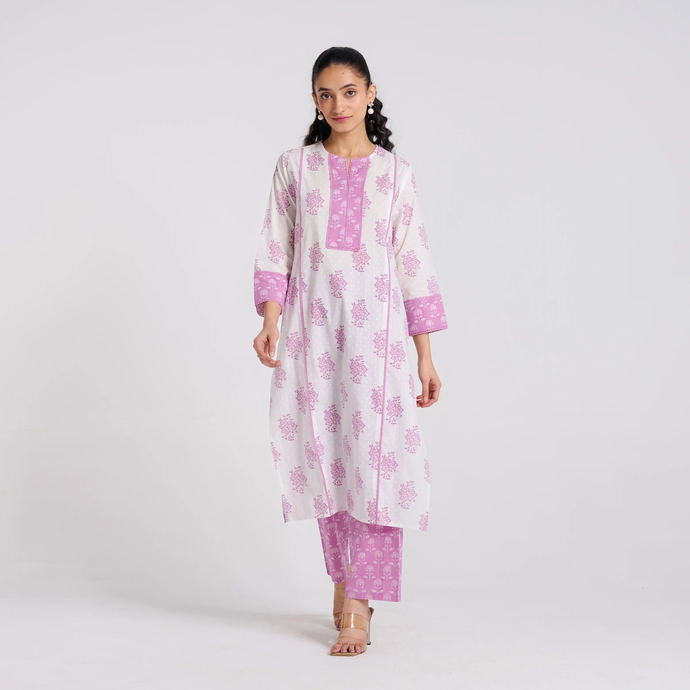 Lavender Sanganeri Pure Cotton Kurta Pant Set with Lace Detail - Image 4