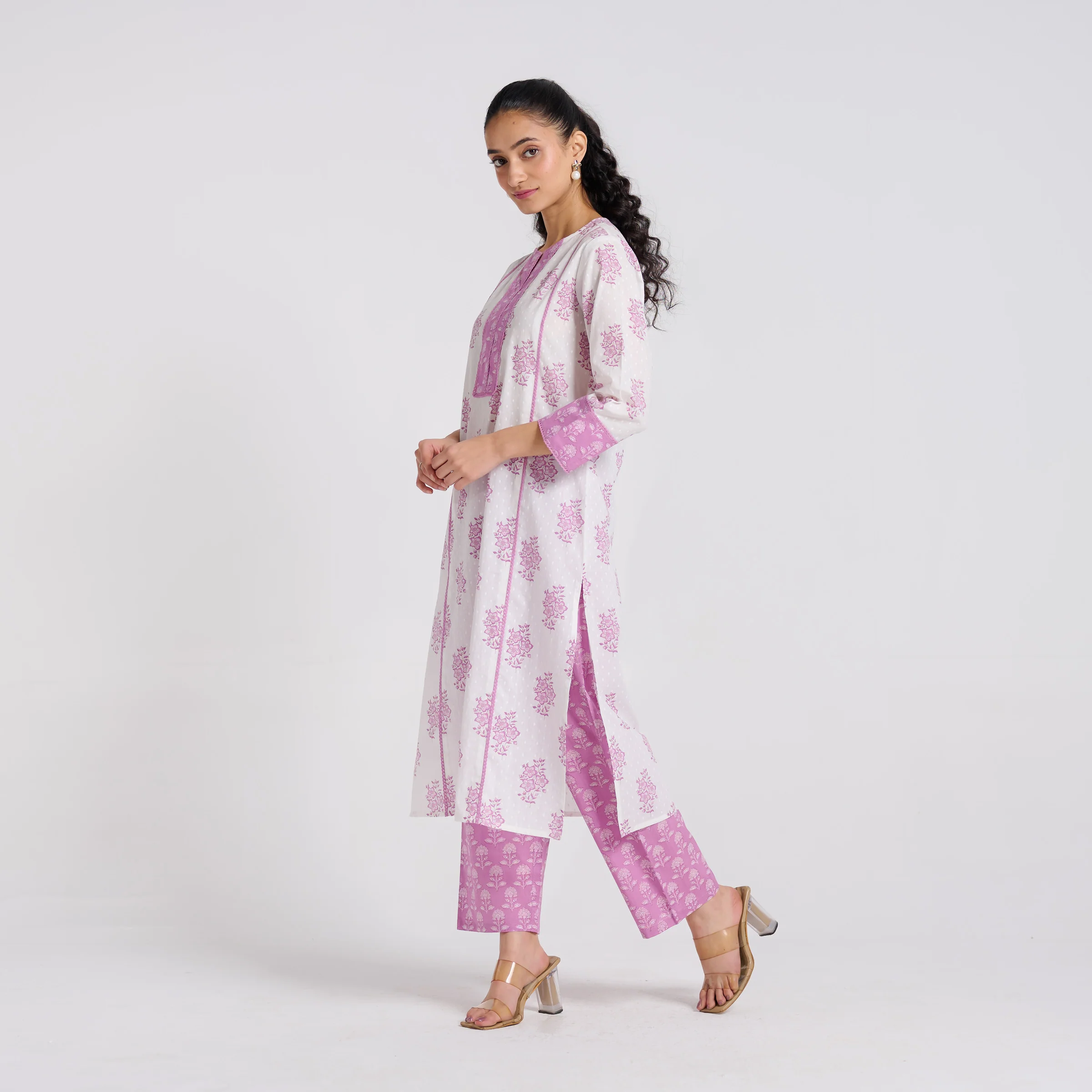 Lavender Sanganeri Pure Cotton Kurta Pant Set with Lace Detail - Image 5