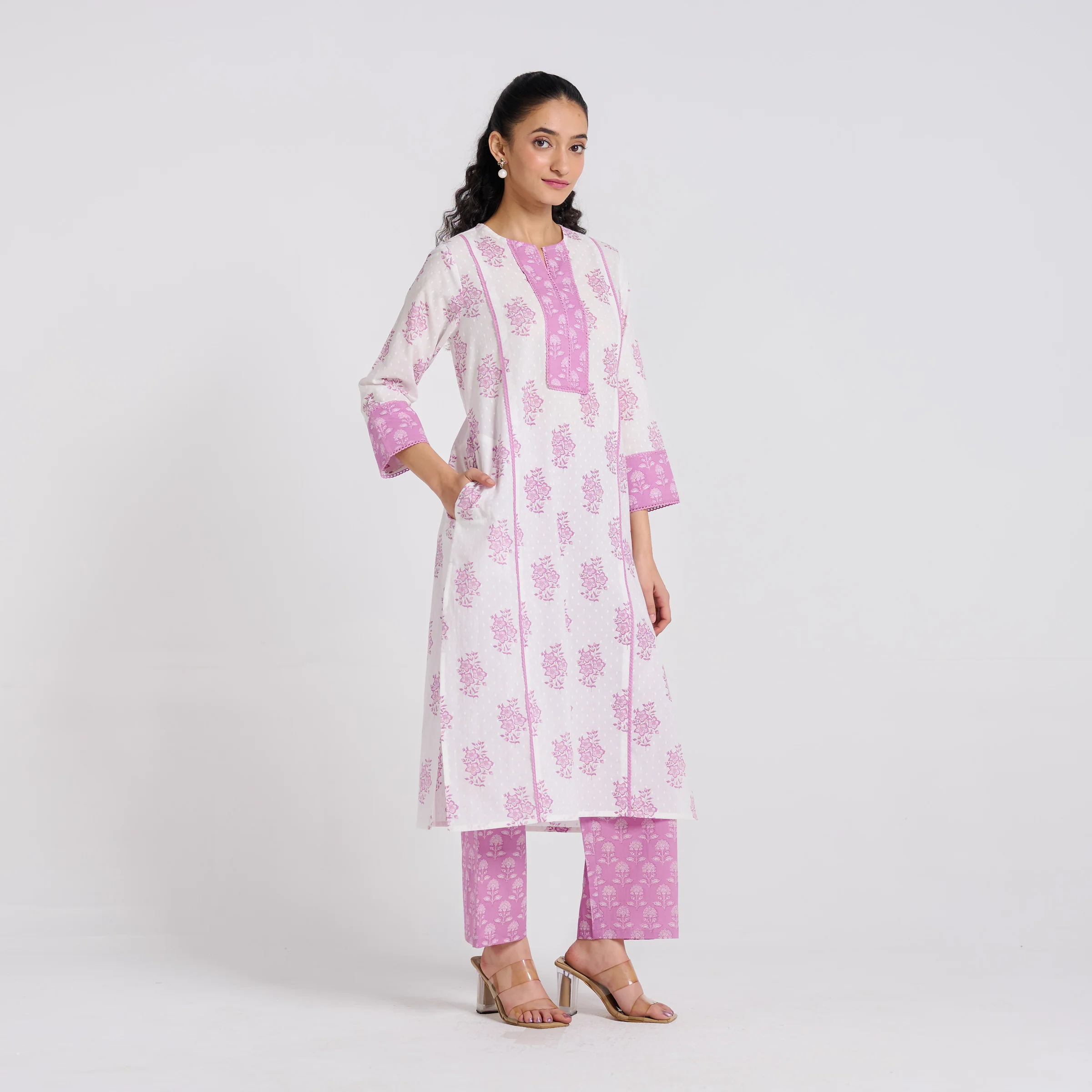 Lavender Sanganeri Pure Cotton Kurta Pant Set with Lace Detail - Image 6