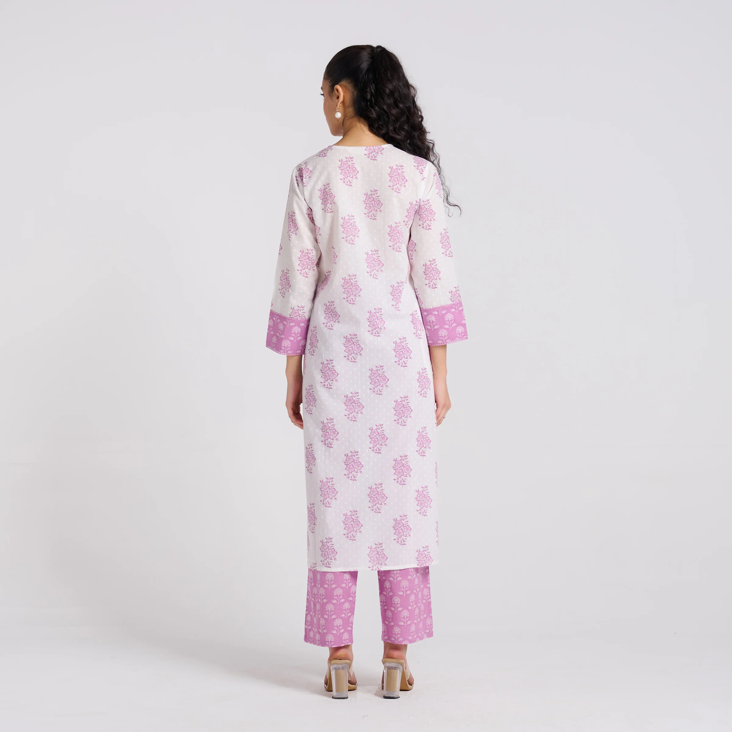 Lavender Sanganeri Pure Cotton Kurta Pant Set with Lace Detail - Image 7