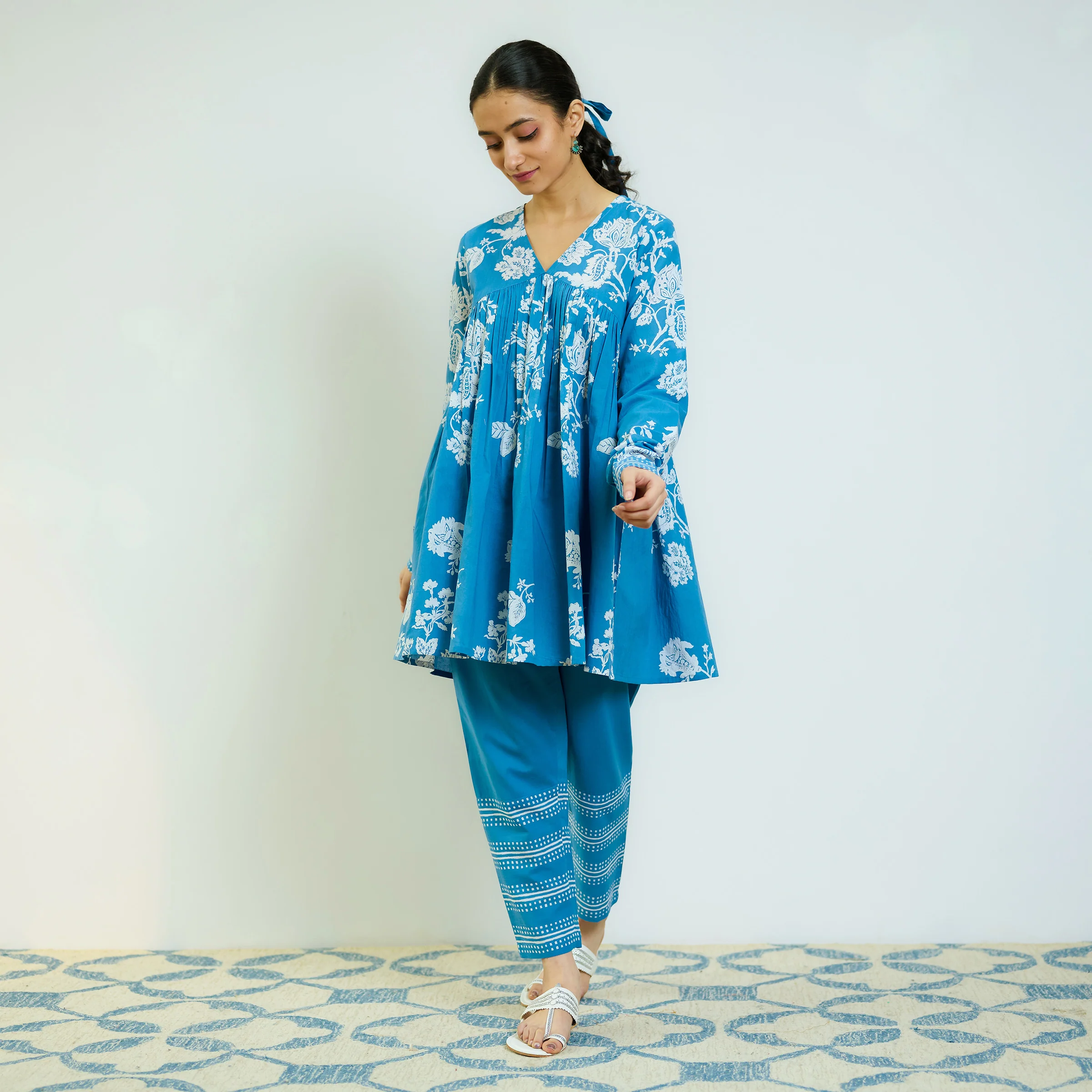 Layla Electric Blue Cotton Co-ord Set with Churidar Sleeve - Image 3