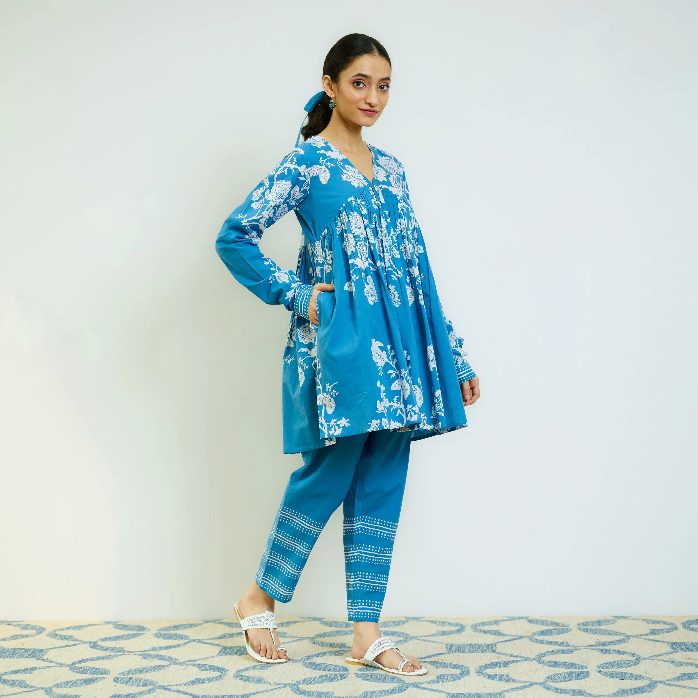 Layla Electric Blue Cotton Co-ord Set with Churidar Sleeve - Image 4