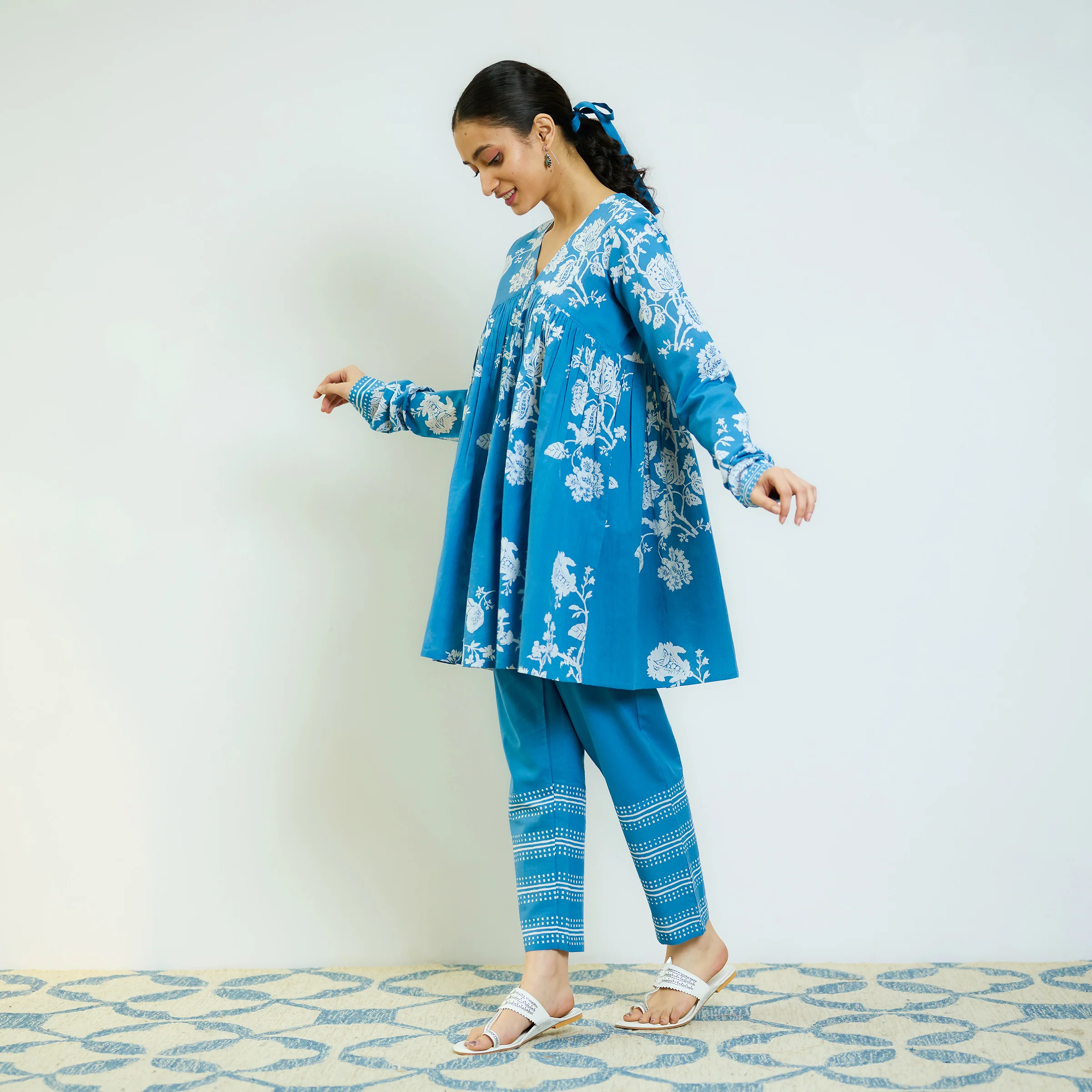 Layla Electric Blue Cotton Co-ord Set with Churidar Sleeve - Image 5