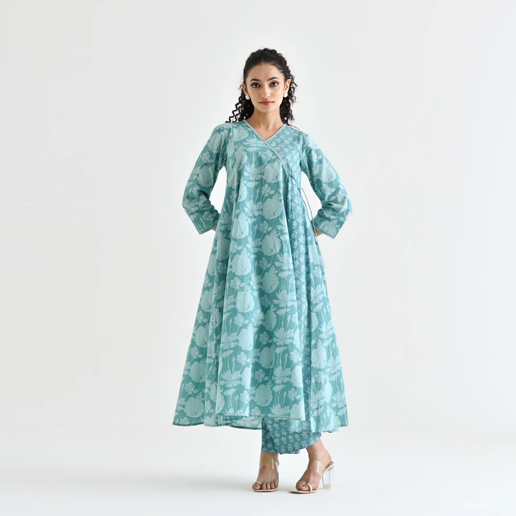 Light Blue Floral Angarakha Cotton Co-ord Set with Embroidered Neckline