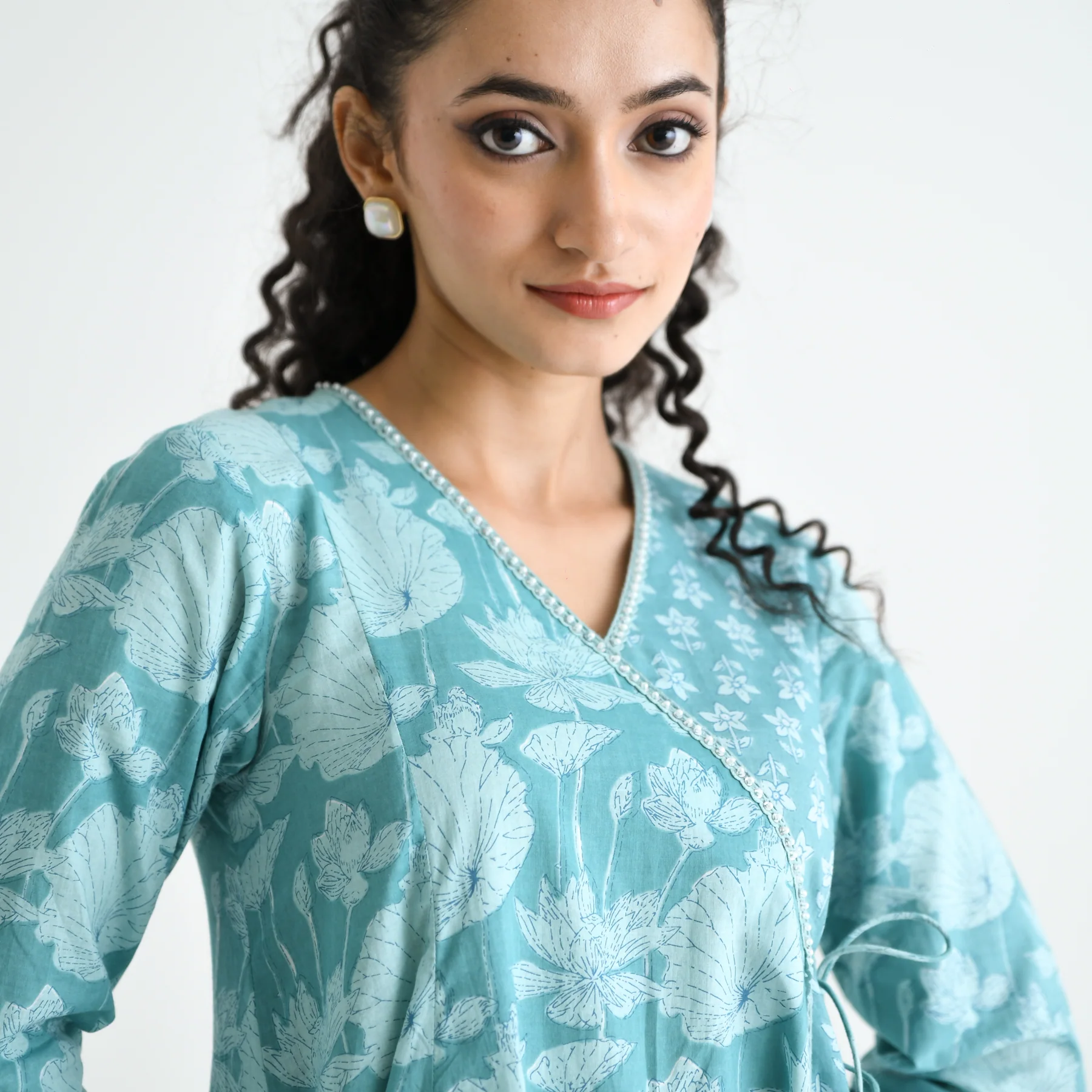 Light Blue Floral Angarakha Cotton Co-ord Set with Embroidered Neckline - Image 2