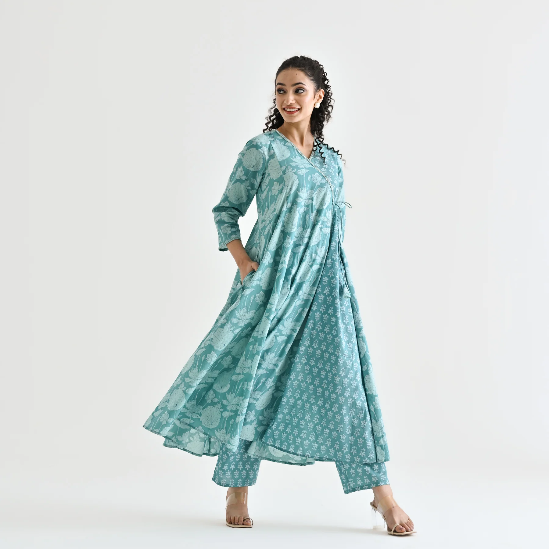 Light Blue Floral Angarakha Cotton Co-ord Set with Embroidered Neckline - Image 4