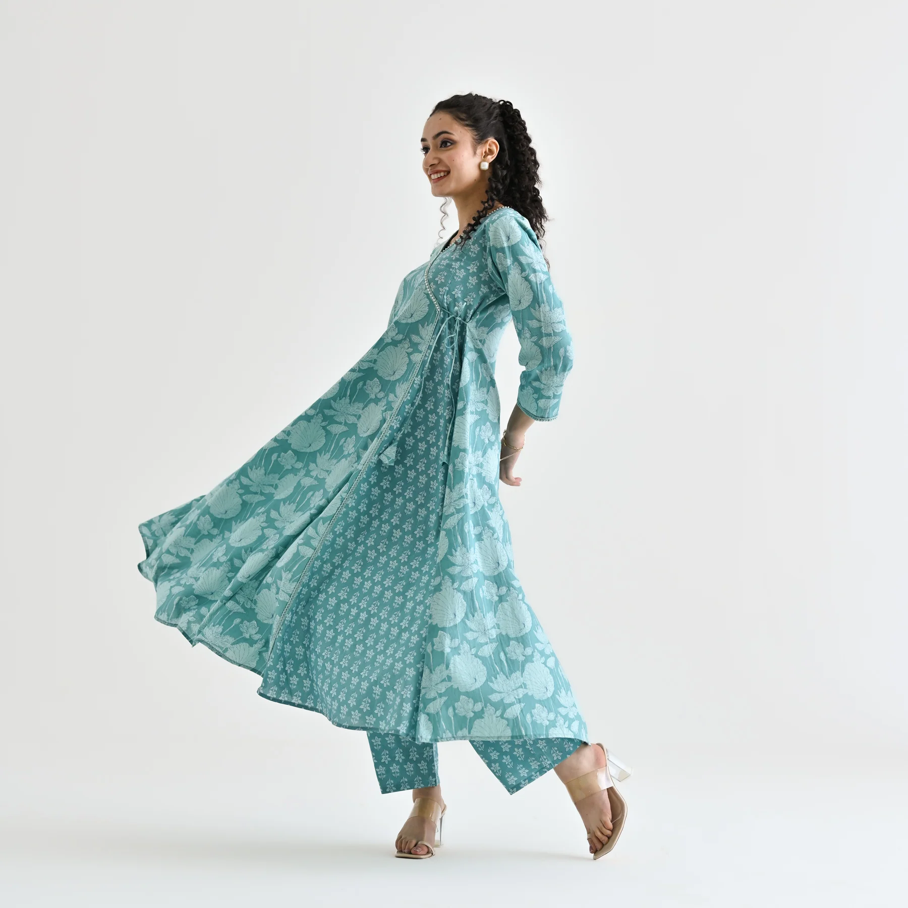 Light Blue Floral Angarakha Cotton Co-ord Set with Embroidered Neckline - Image 7