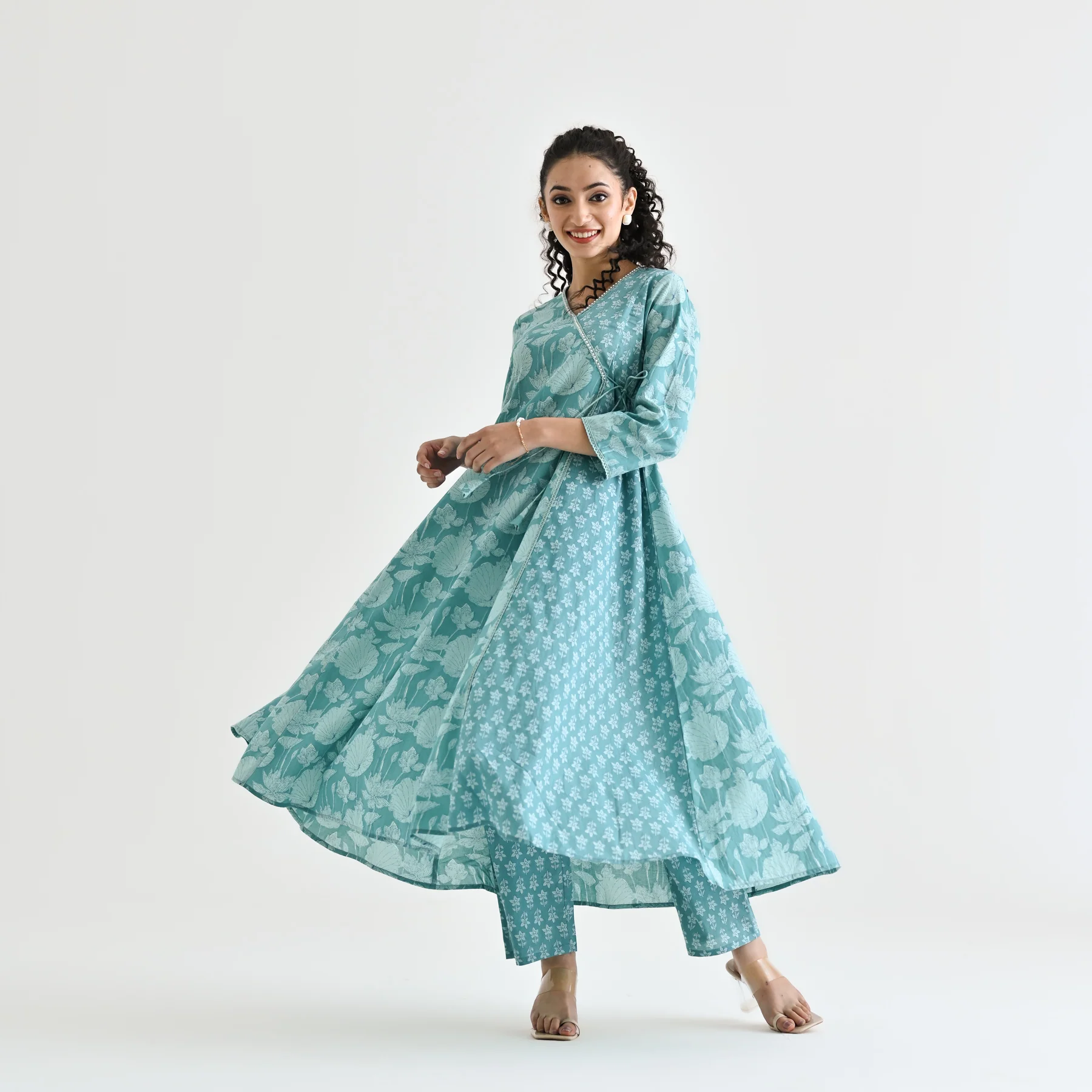 Light Blue Floral Angarakha Cotton Co-ord Set with Embroidered Neckline - Image 8