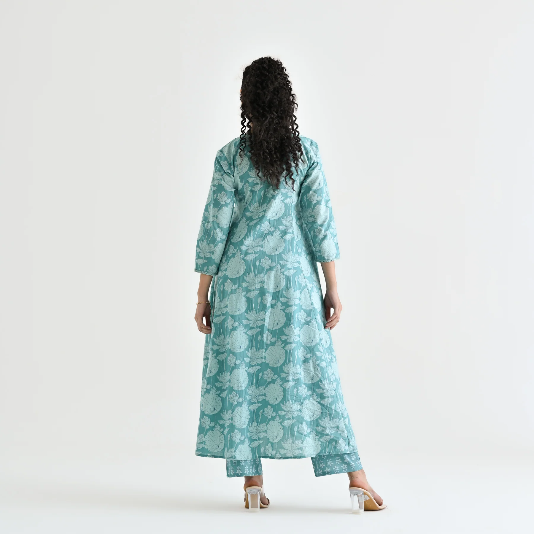 Light Blue Floral Angarakha Cotton Co-ord Set with Embroidered Neckline - Image 9