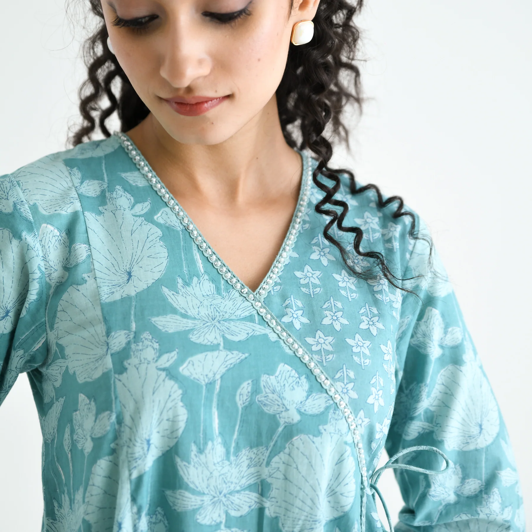 Light Blue Floral Angarakha Cotton Kurta with Embroidered Neckline - Image 2