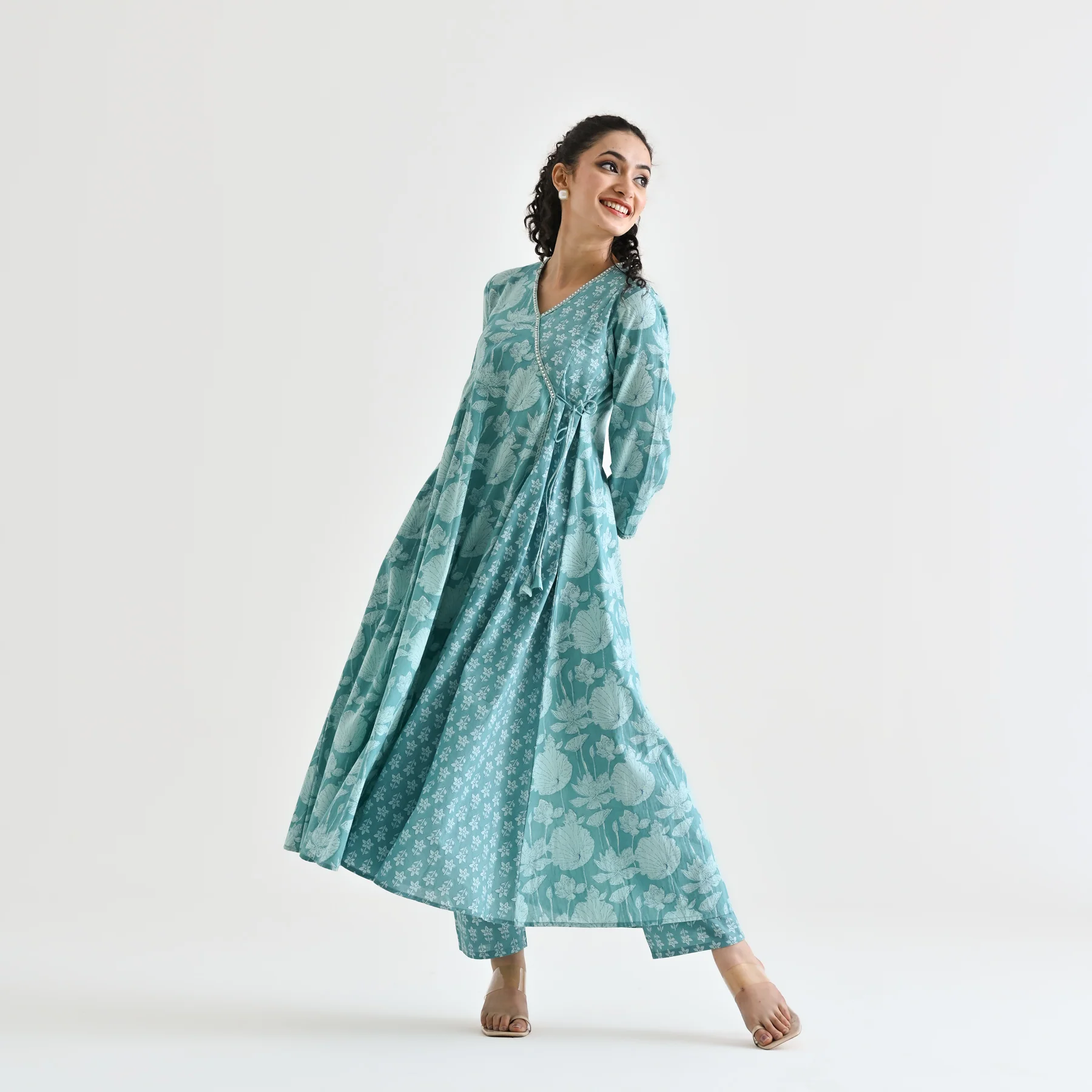 Light Blue Floral Angarakha Cotton Kurta with Embroidered Neckline - Image 3