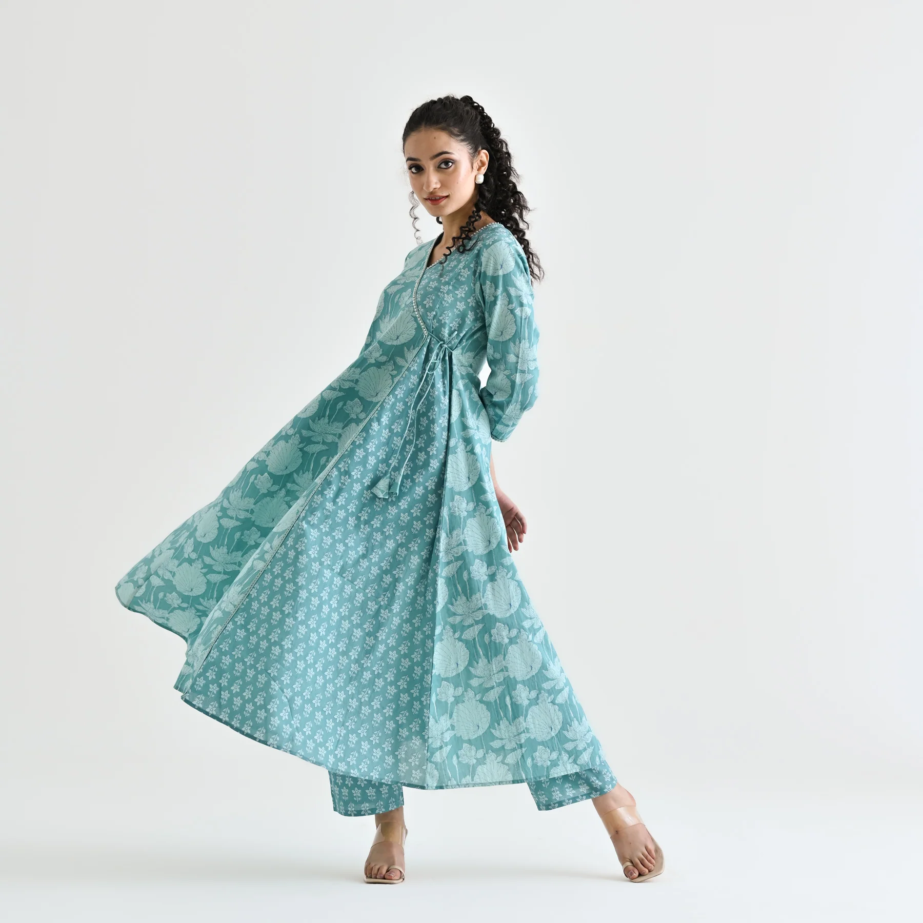 Light Blue Floral Angarakha Cotton Kurta with Embroidered Neckline - Image 6