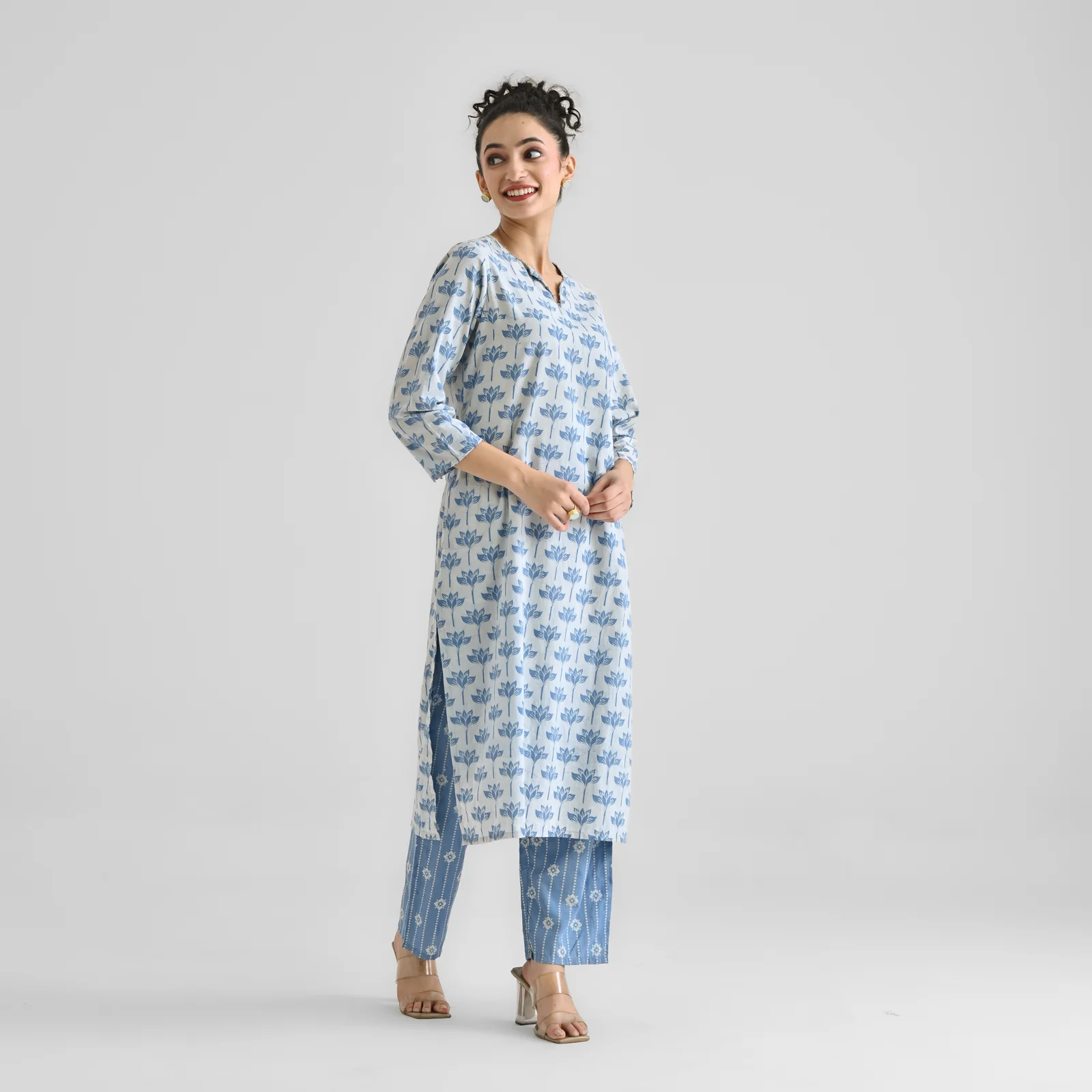 Light Blue Lotus Dabu Inspired Cotton Co-ord Set with Notch Neckline - Image 3