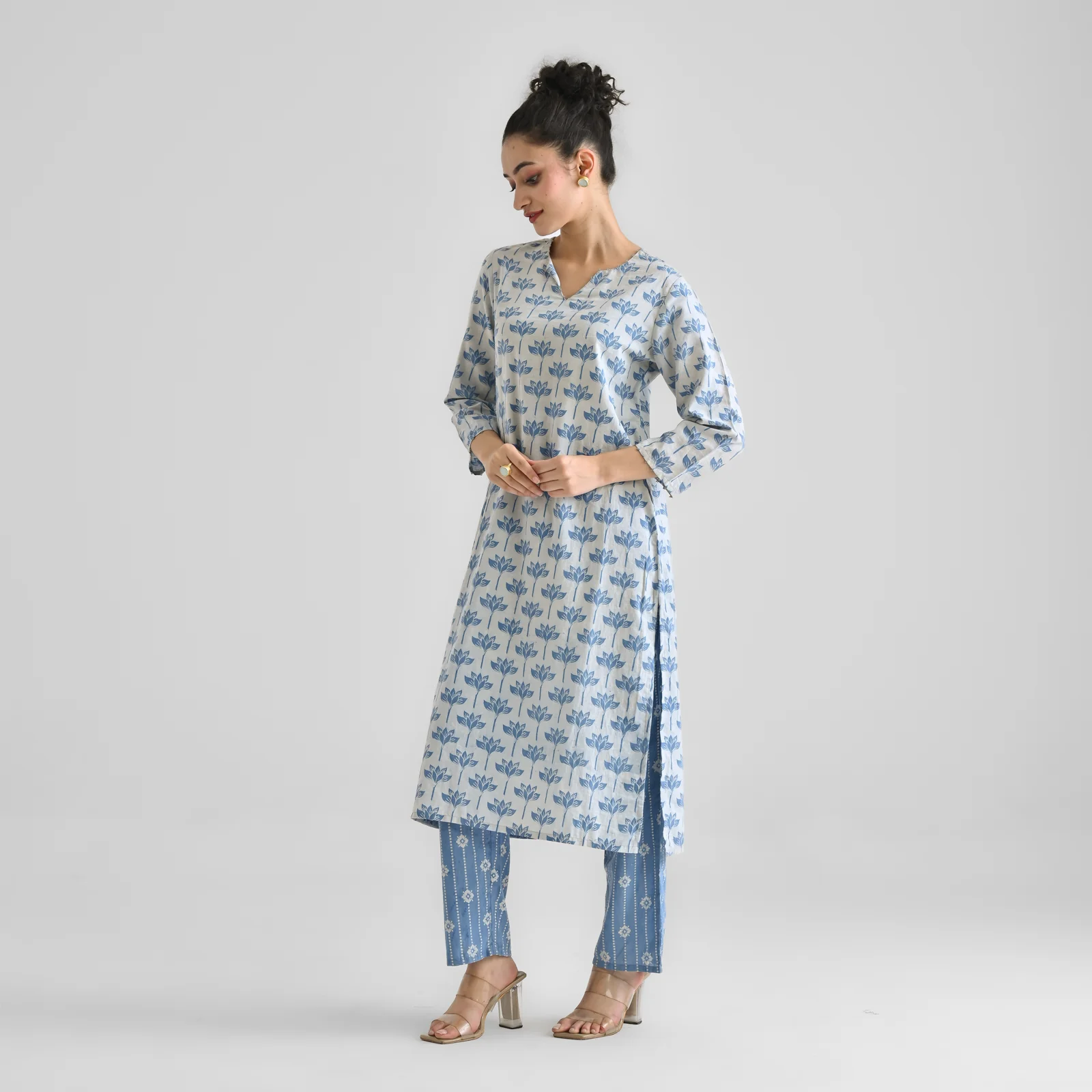 Light Blue Lotus Dabu Inspired Cotton Co-ord Set with Notch Neckline - Image 6