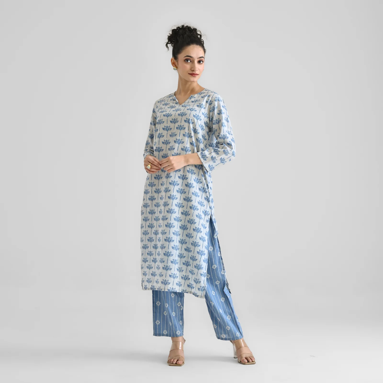 Light Blue Lotus Dabu Inspired Cotton Kurta with Notch Neckline - Image 3