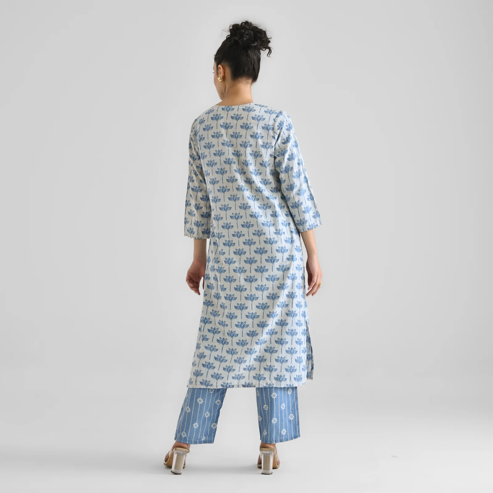 Light Blue Lotus Dabu Inspired Cotton Kurta with Notch Neckline - Image 7