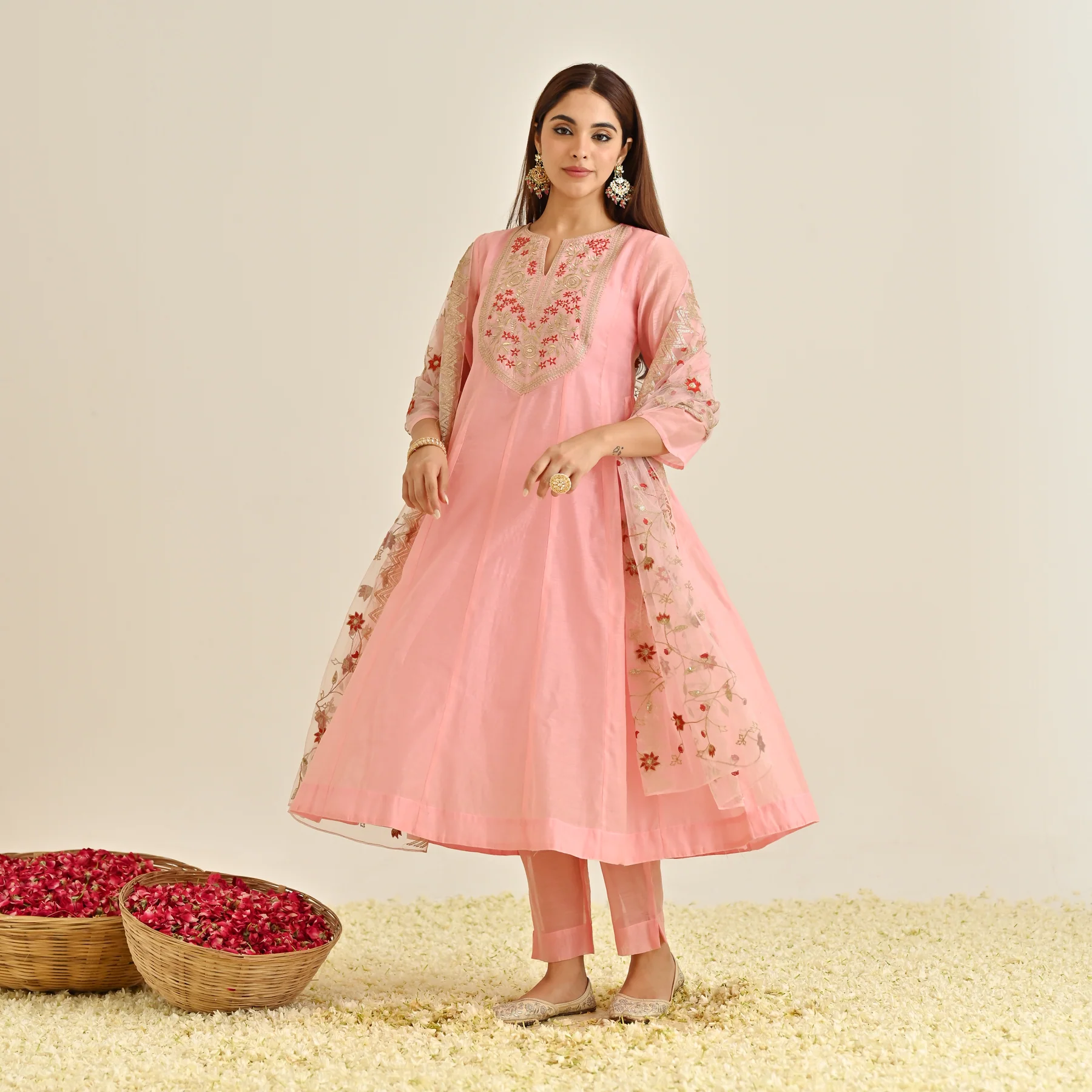 Light Pink Festive Anarkali Set with Embroidered Dupatta & Yoke Detail - Image 11