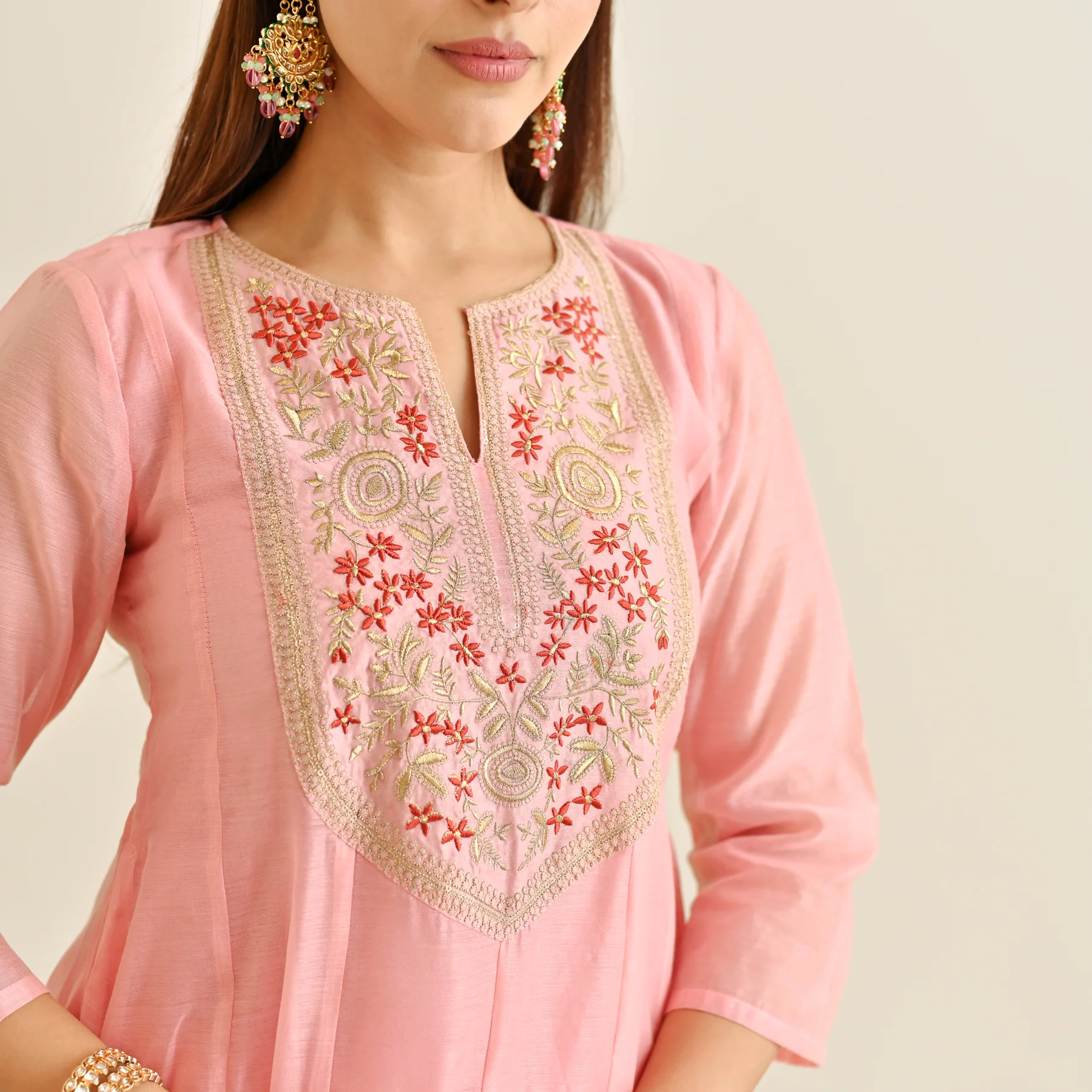 Light Pink Festive Anarkali Set with Embroidered Dupatta & Yoke Detail - Image 2