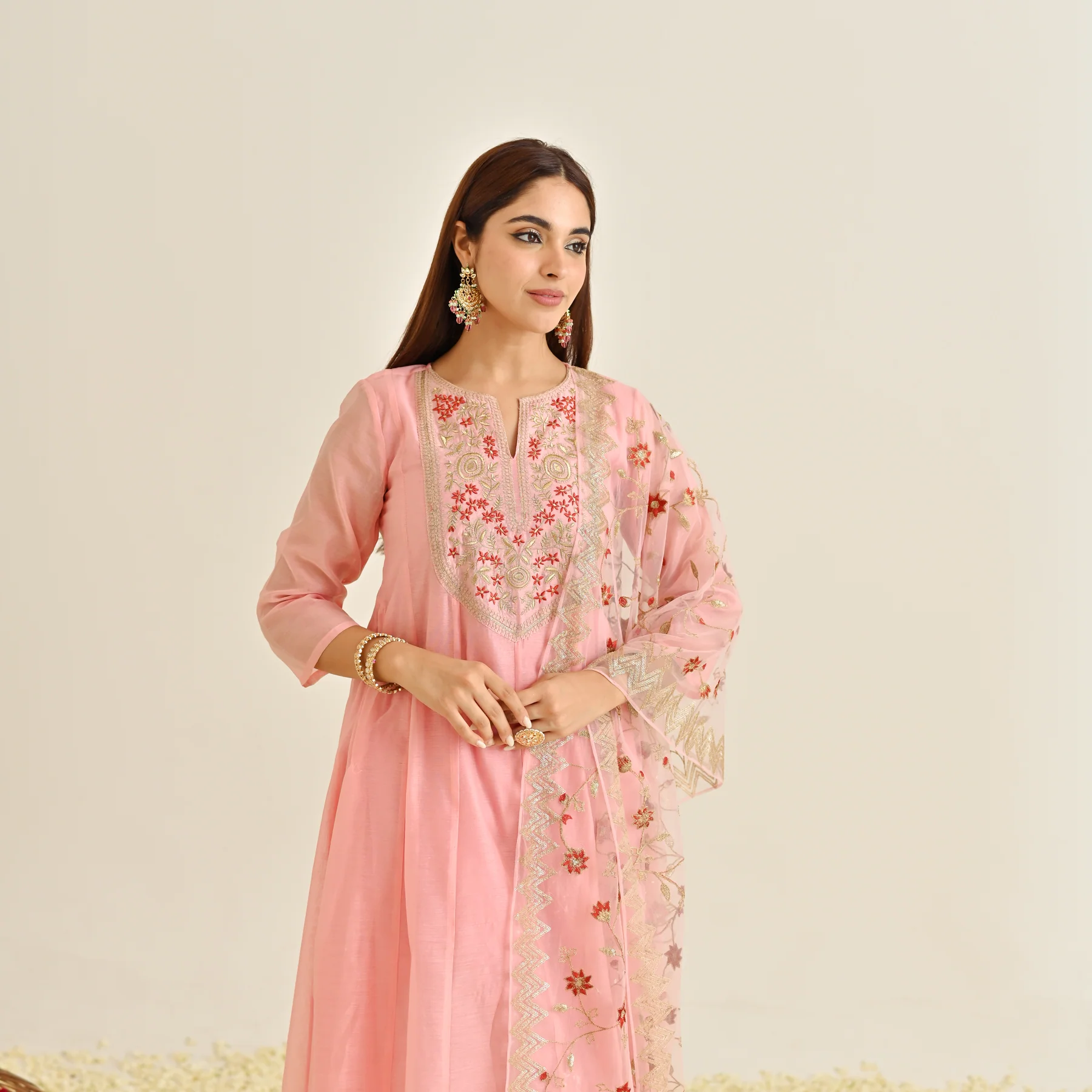 Light Pink Festive Anarkali Set with Embroidered Dupatta & Yoke Detail - Image 3