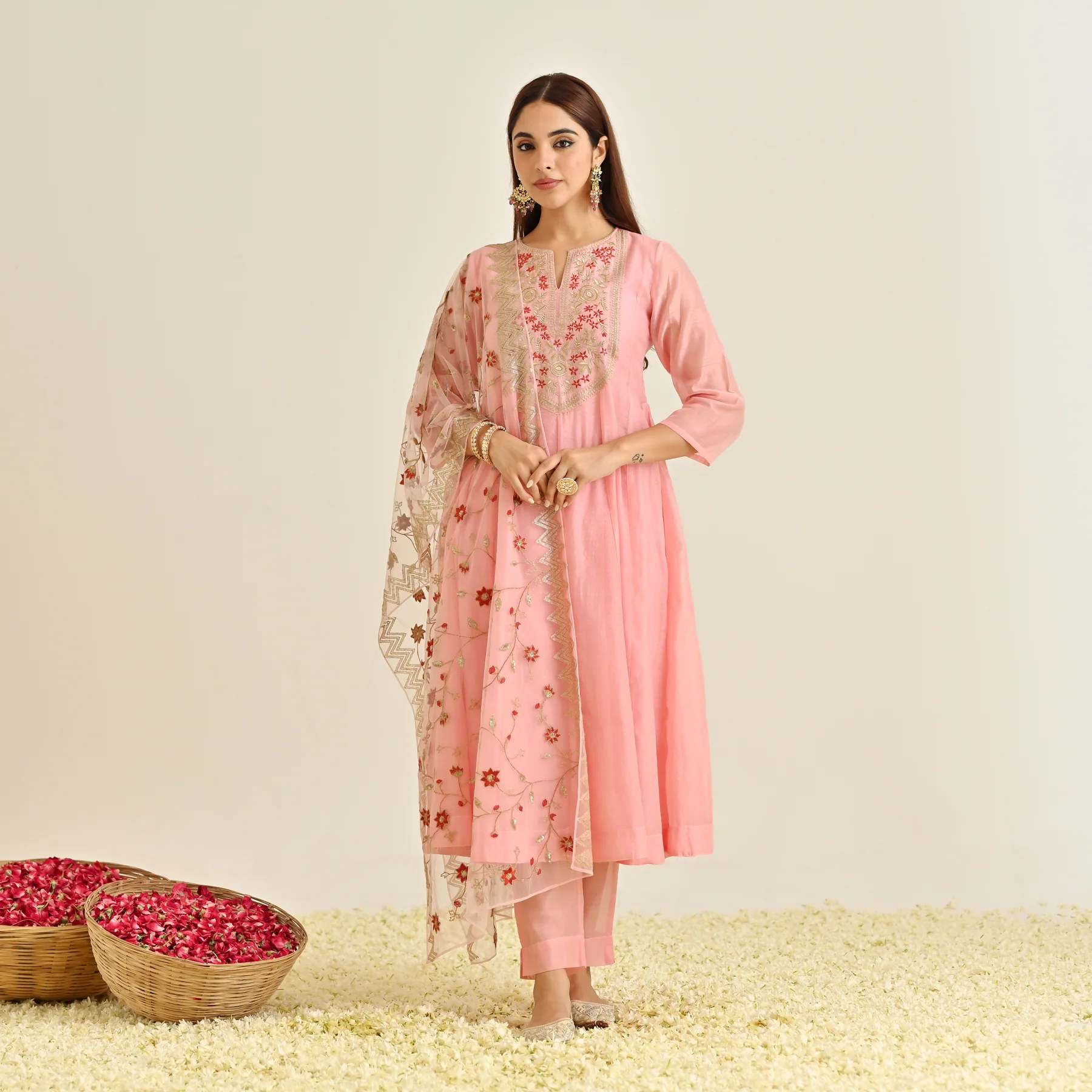 Light Pink Festive Anarkali Set with Embroidered Dupatta & Yoke Detail - Image 4