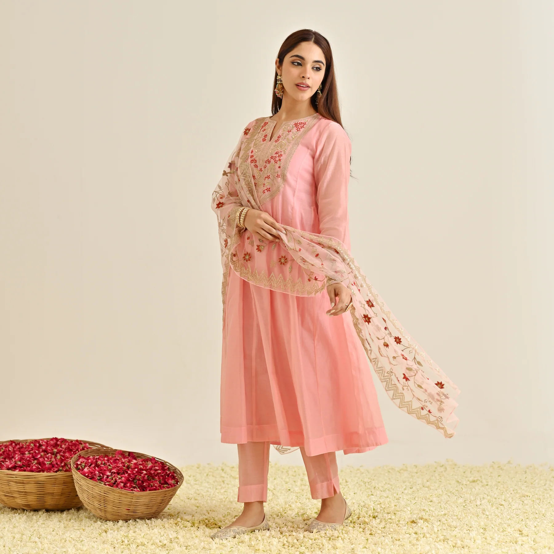Light Pink Festive Anarkali Set with Embroidered Dupatta & Yoke Detail - Image 5