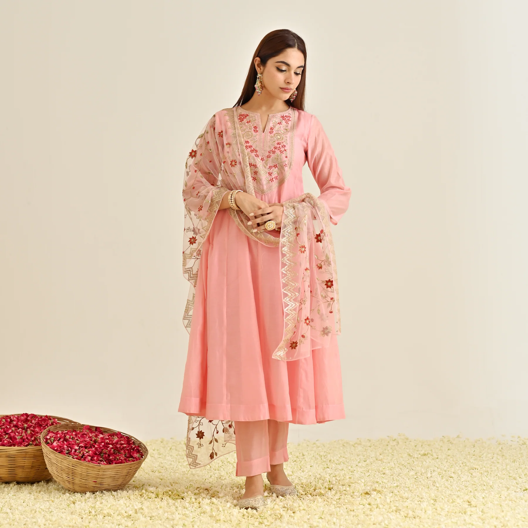 Light Pink Festive Anarkali Set with Embroidered Dupatta & Yoke Detail - Image 6