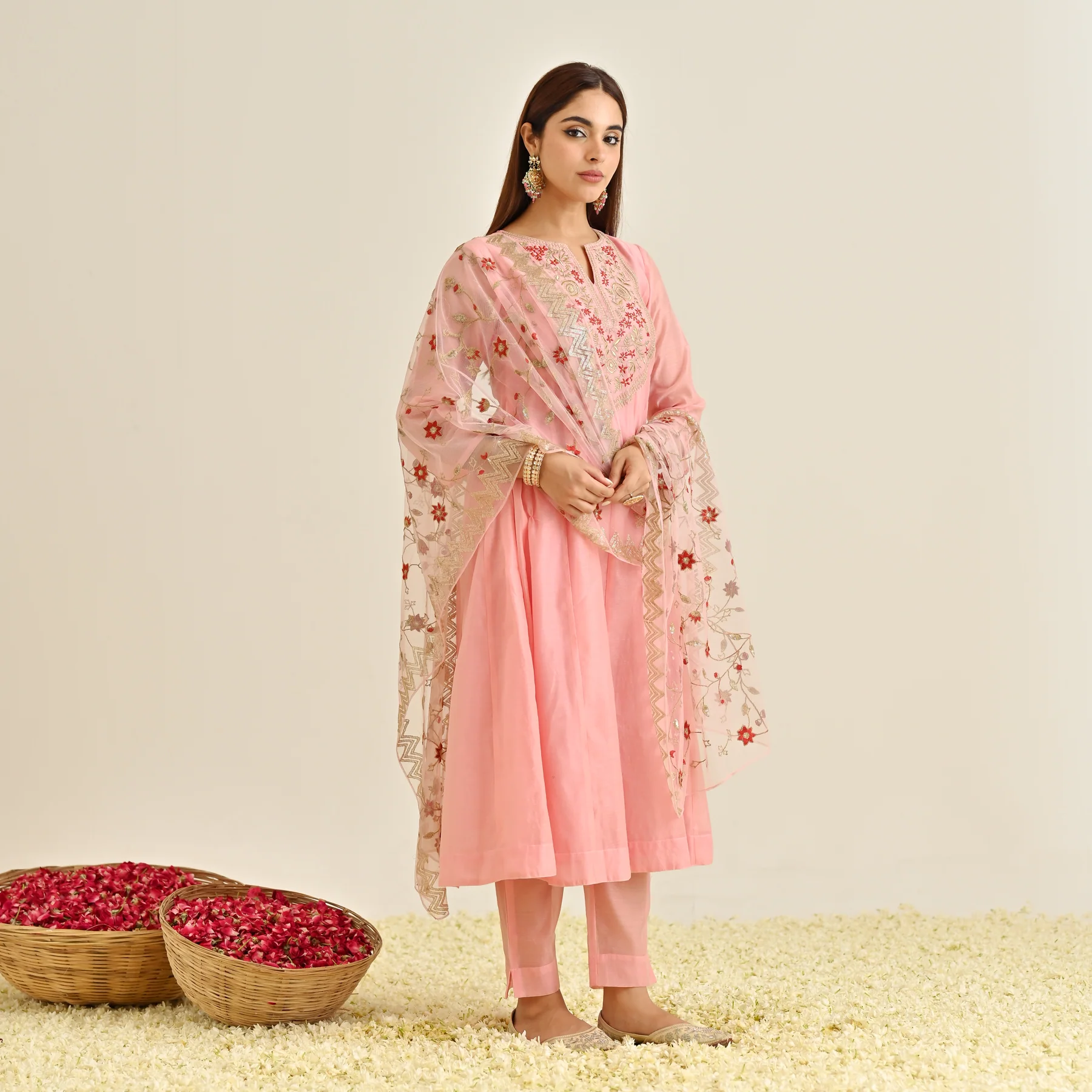 Light Pink Festive Anarkali Set with Embroidered Dupatta & Yoke Detail - Image 7