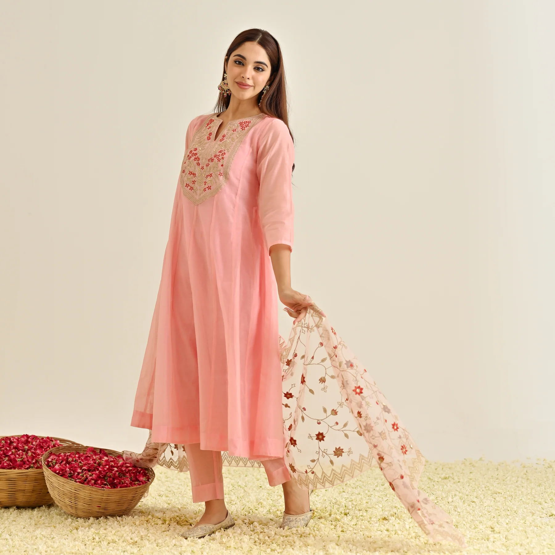 Light Pink Festive Anarkali Set with Embroidered Dupatta & Yoke Detail - Image 8