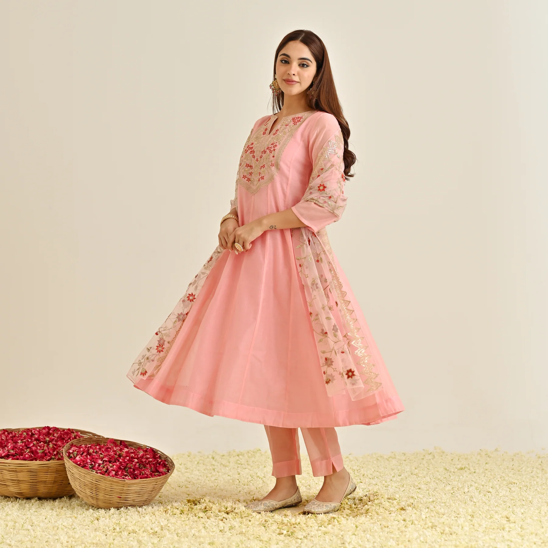 Light Pink Festive Anarkali Set with Embroidered Dupatta & Yoke Detail - Image 9