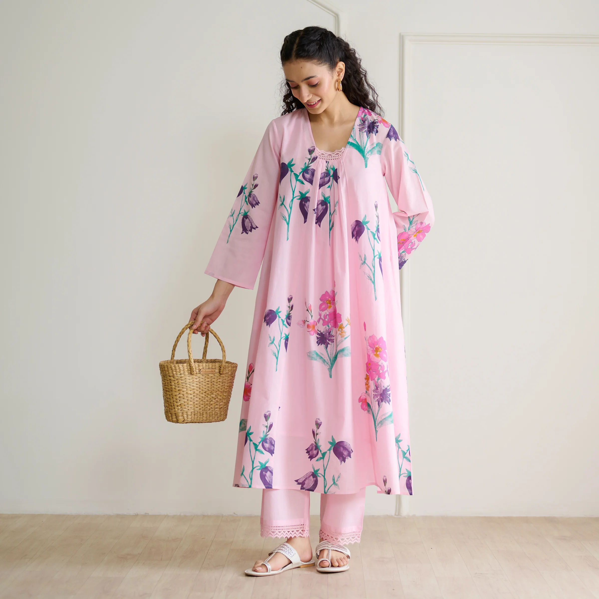 Liliet Cotton Kurta Set with Mulmul Slip - Candy Pink - Image 4