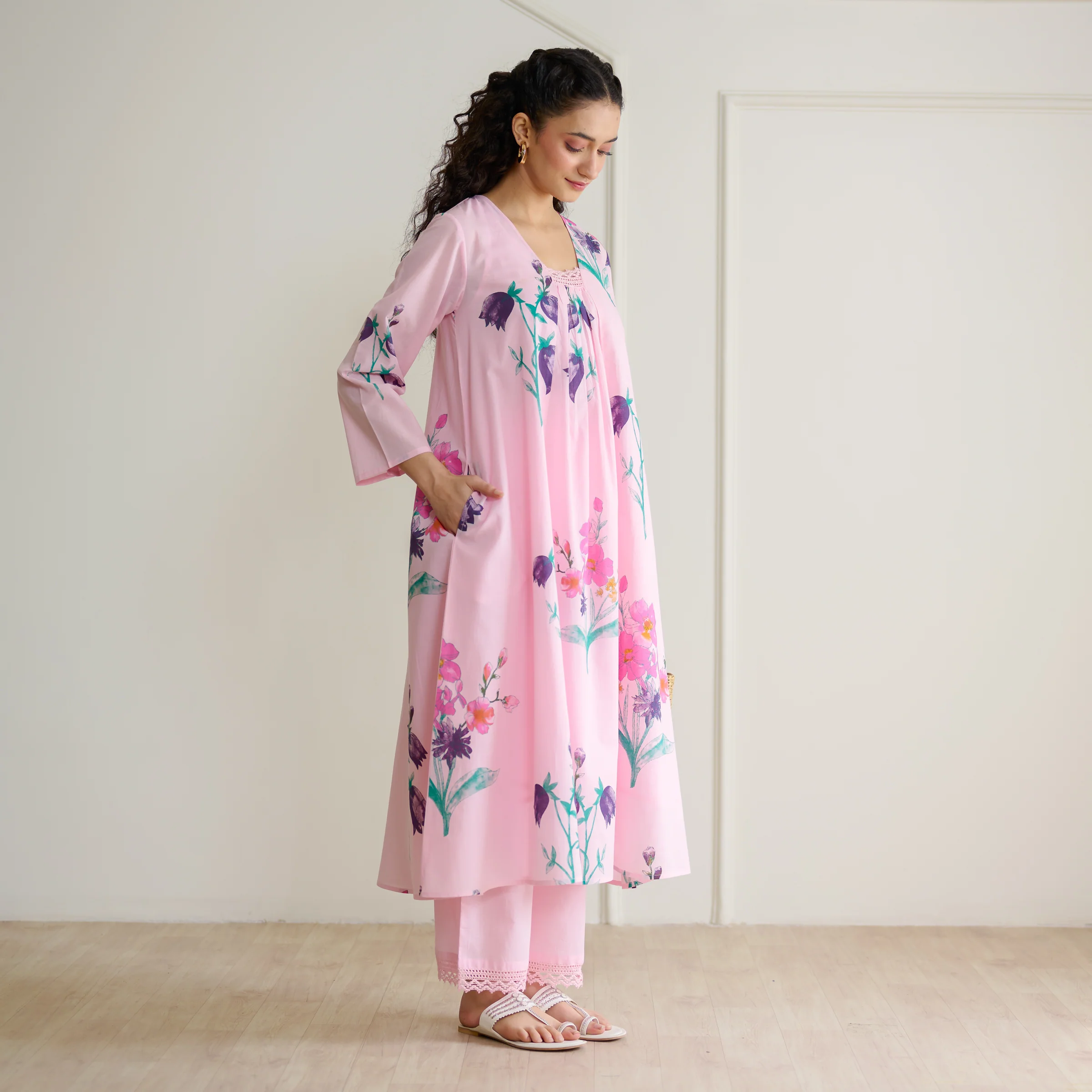 Liliet Cotton Kurta Set with Mulmul Slip - Candy Pink - Image 6