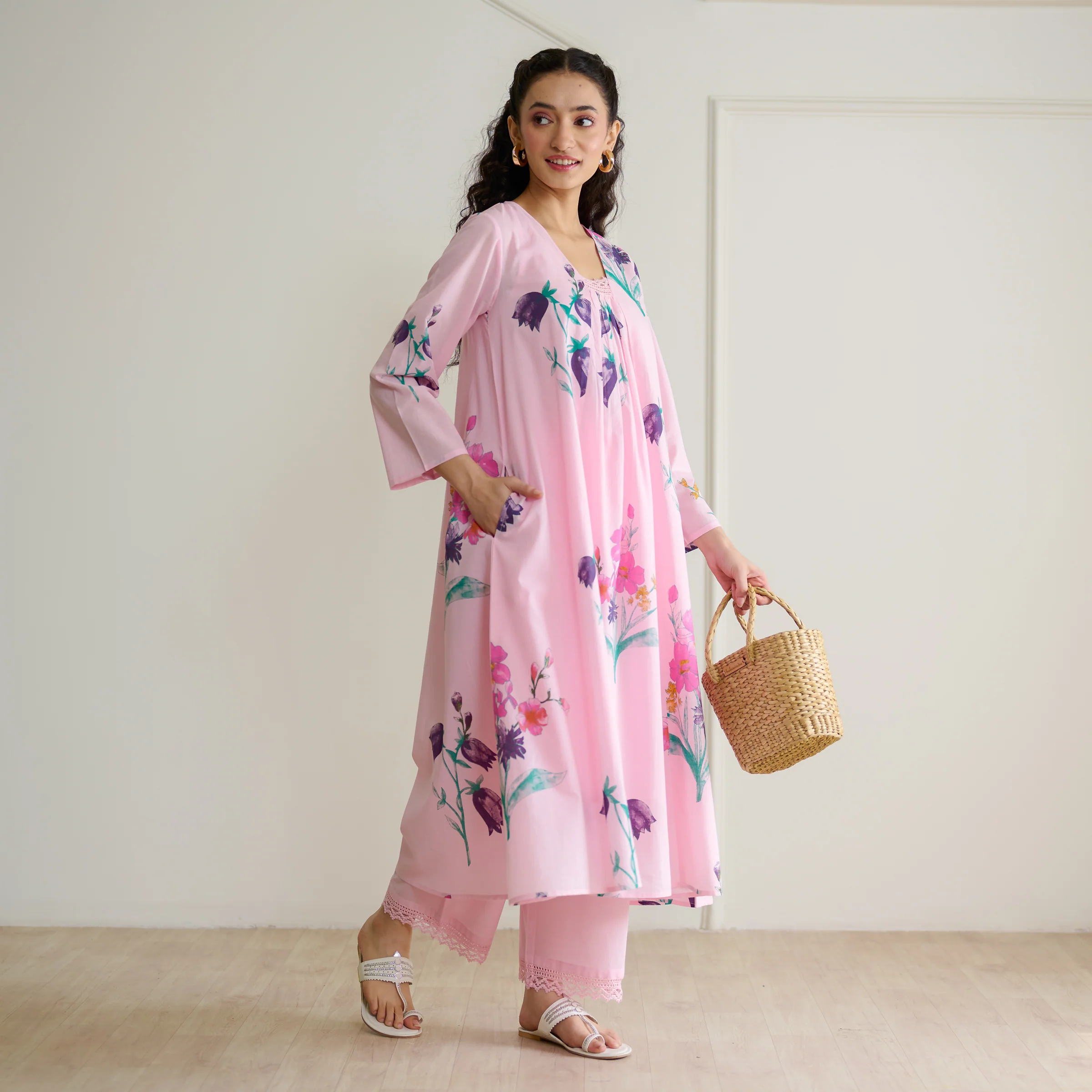 Liliet Cotton Kurta Set with Mulmul Slip - Candy Pink - Image 8