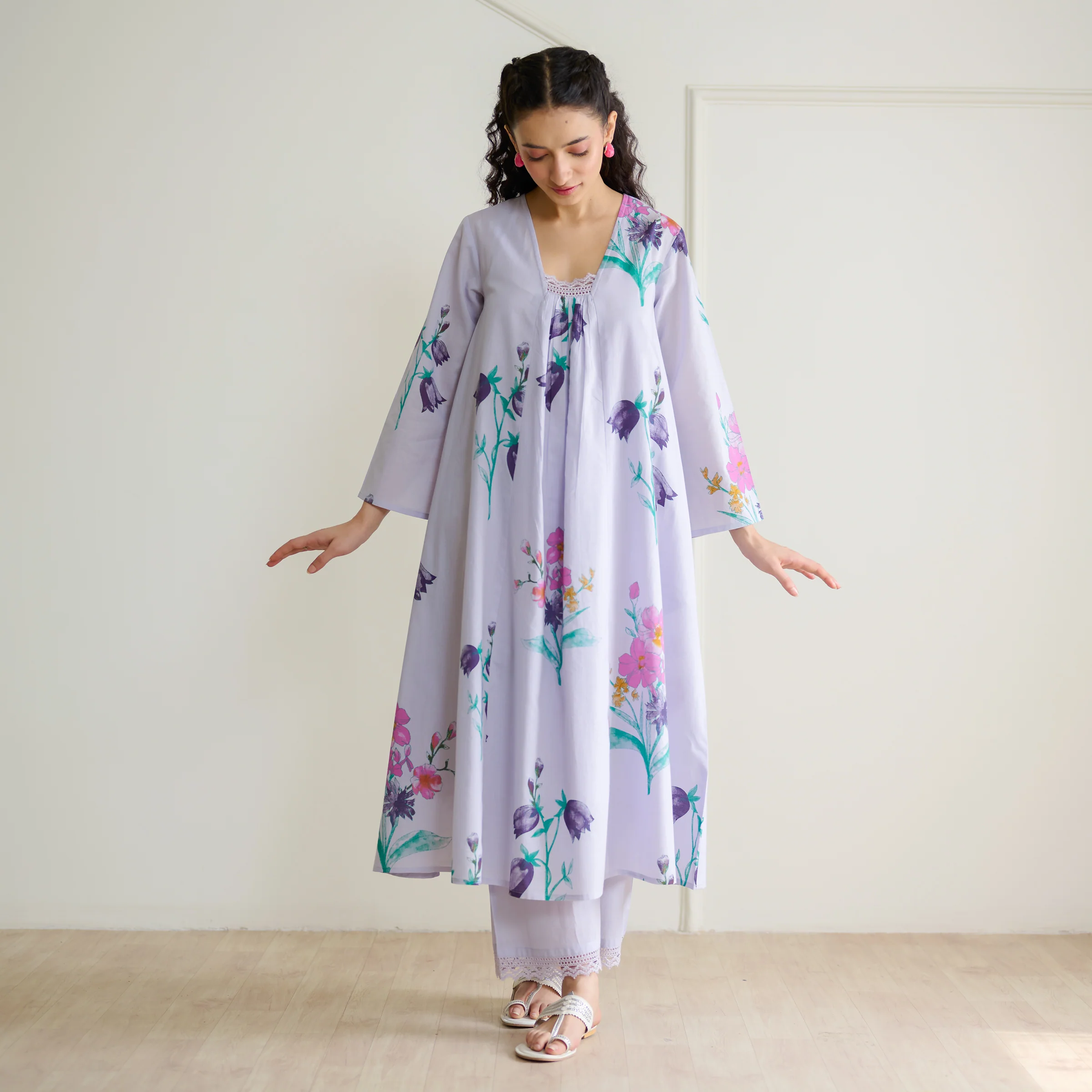 Liliet Cotton Kurta Set with Mulmul Slip - Lavender - Image 10