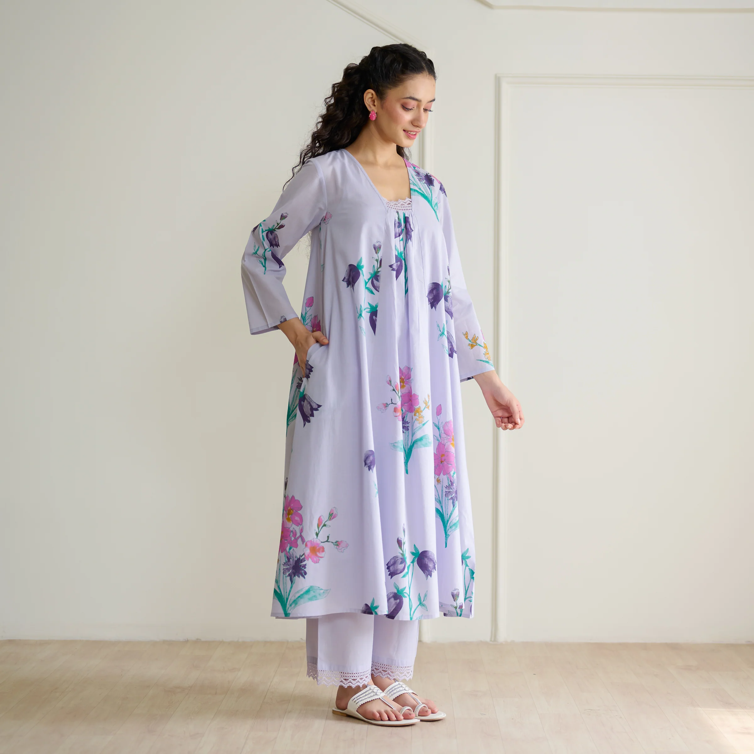 Liliet Cotton Kurta Set with Mulmul Slip - Lavender - Image 12