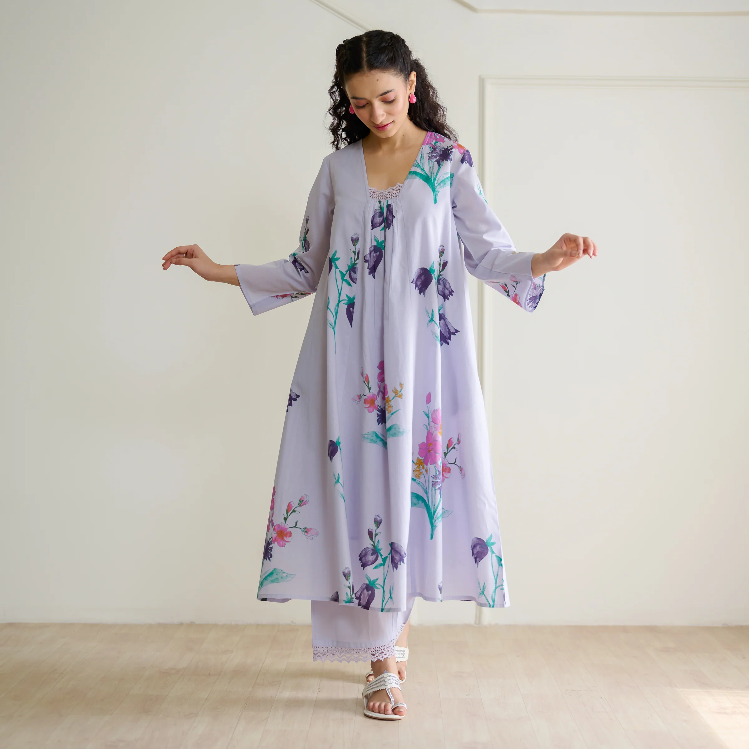 Liliet Cotton Kurta Set with Mulmul Slip - Lavender - Image 4
