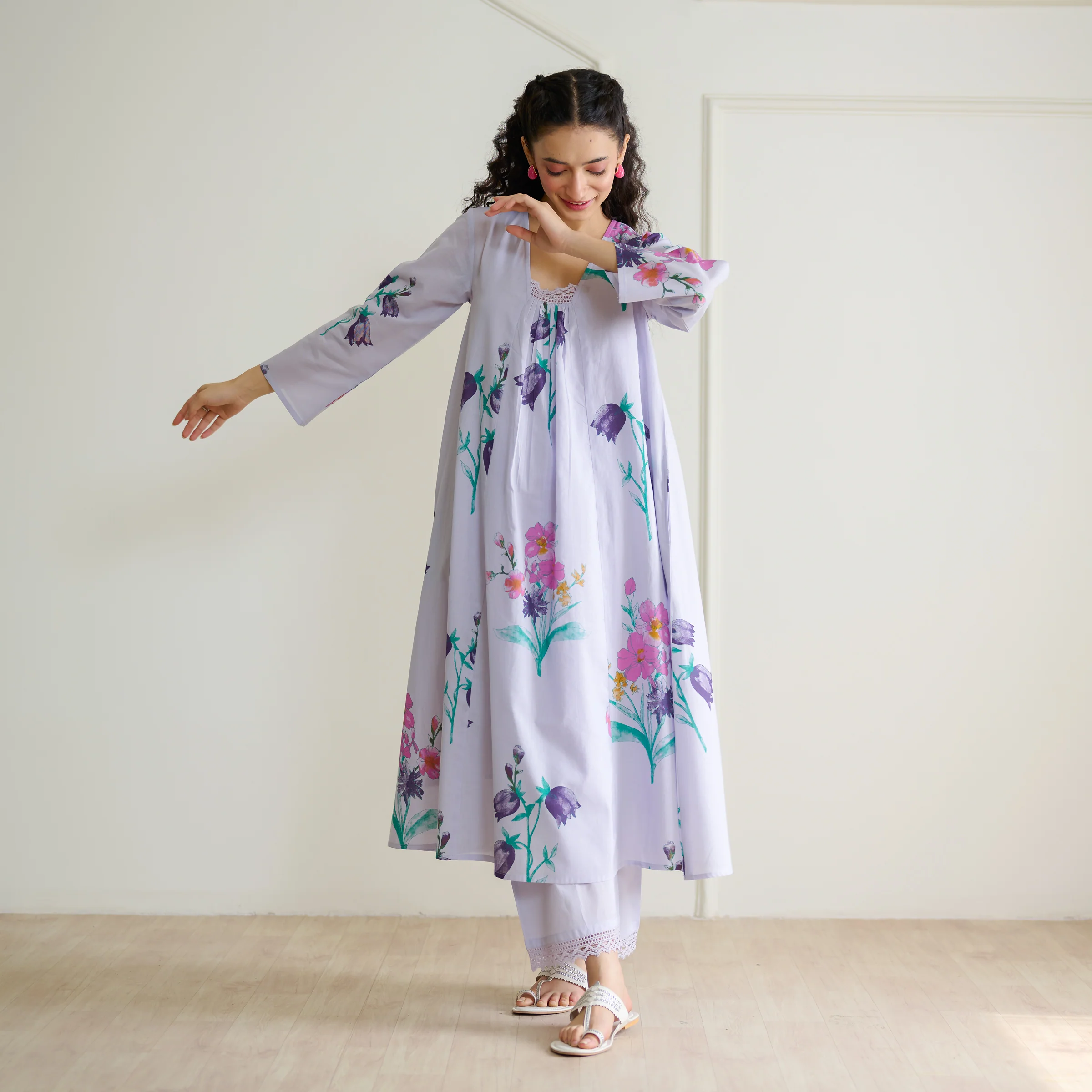 Liliet Cotton Kurta Set with Mulmul Slip - Lavender - Image 6