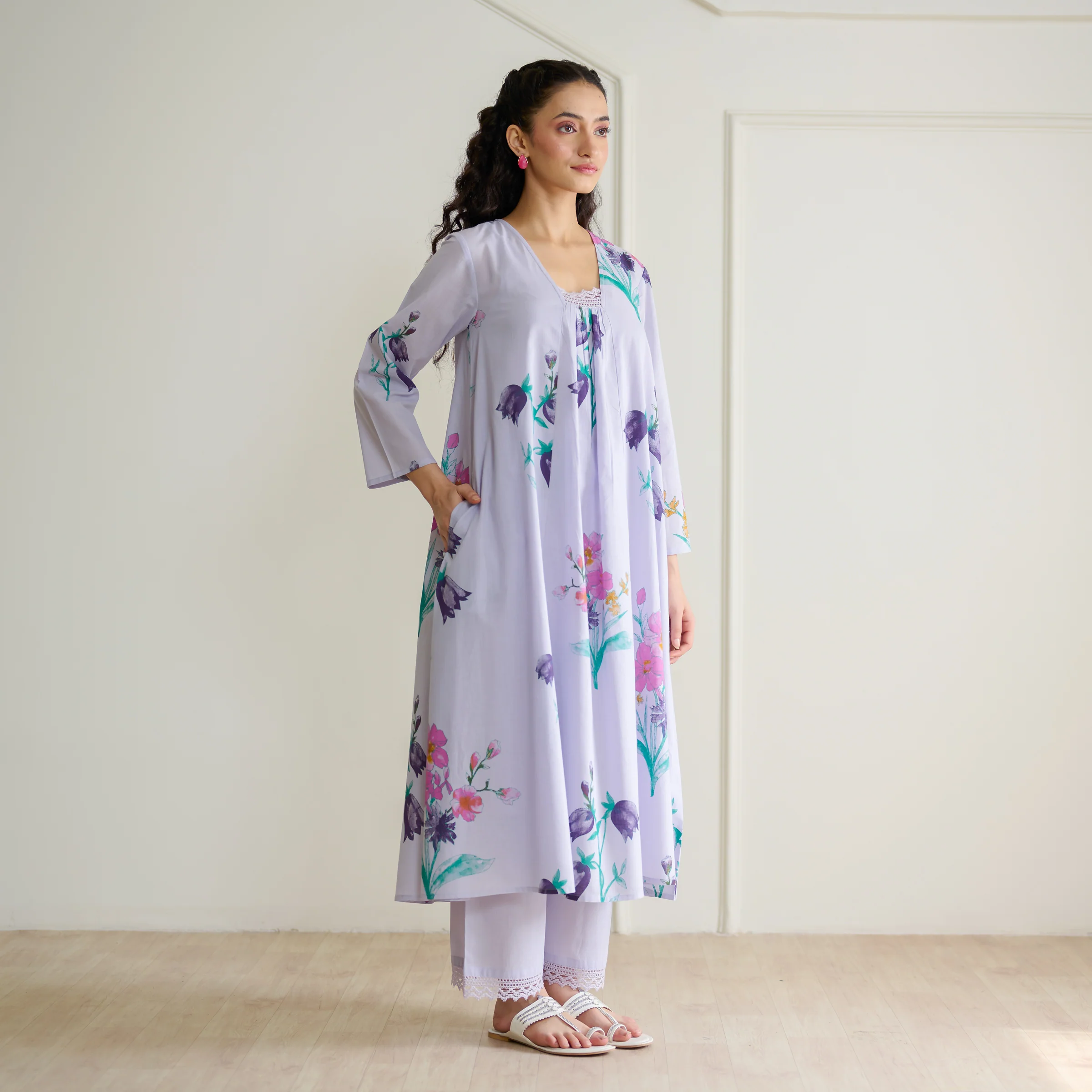 Liliet Cotton Kurta Set with Mulmul Slip - Lavender - Image 8