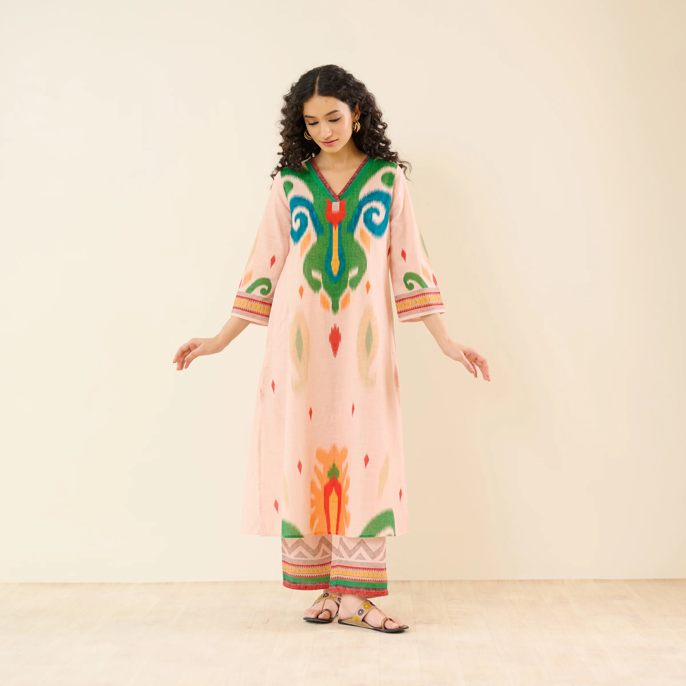 Loomlight Slub Cotton Ikat Inspired Kurta Set - Peach - Image 3