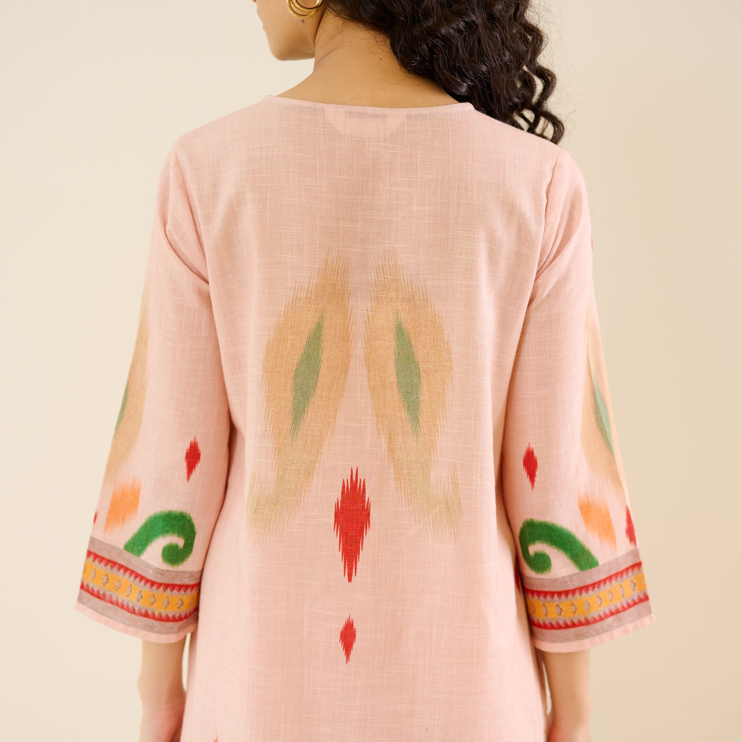 Loomlight Slub Cotton Ikat Inspired Kurta Set - Peach - Image 4