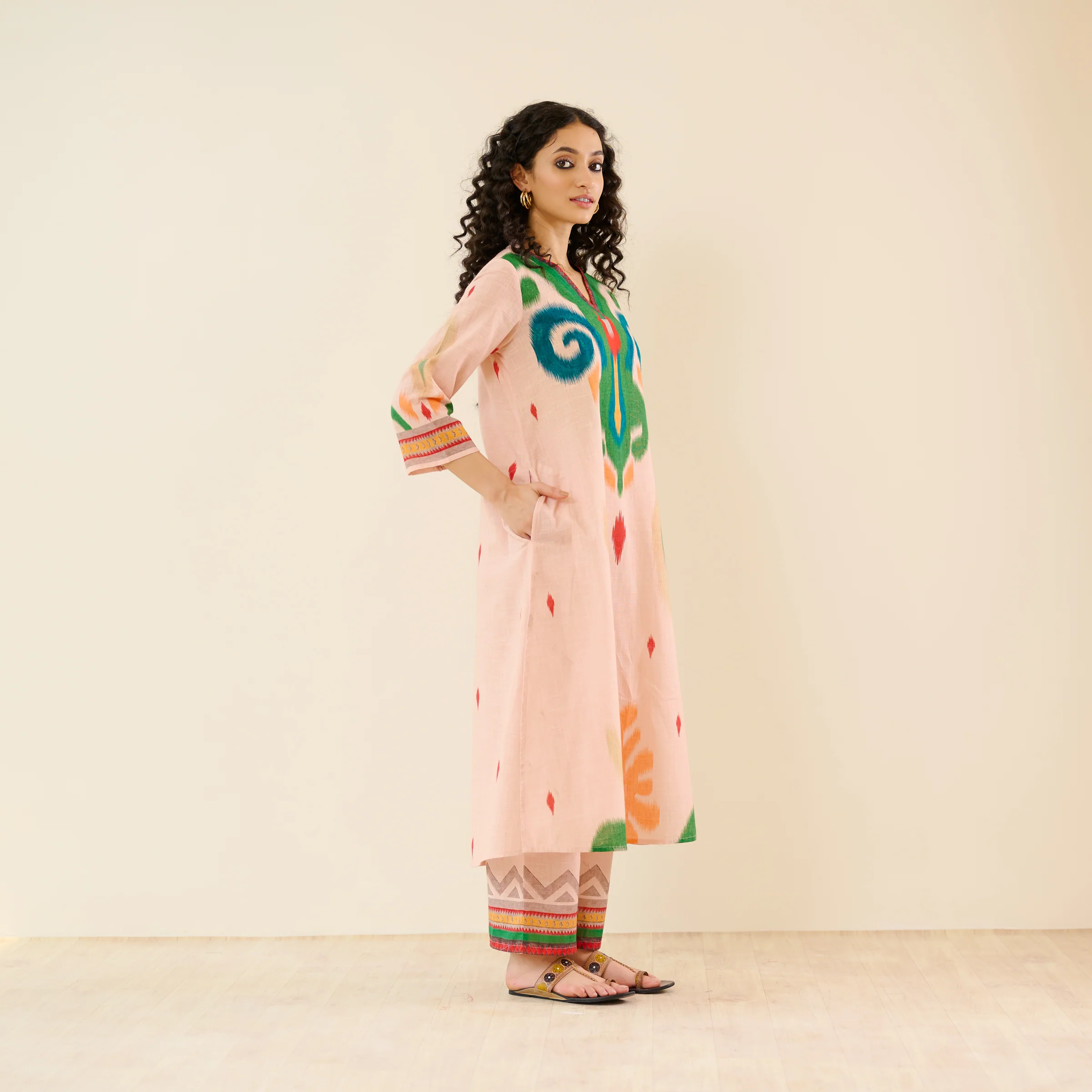 Loomlight Slub Cotton Ikat Inspired Kurta Set - Peach - Image 5