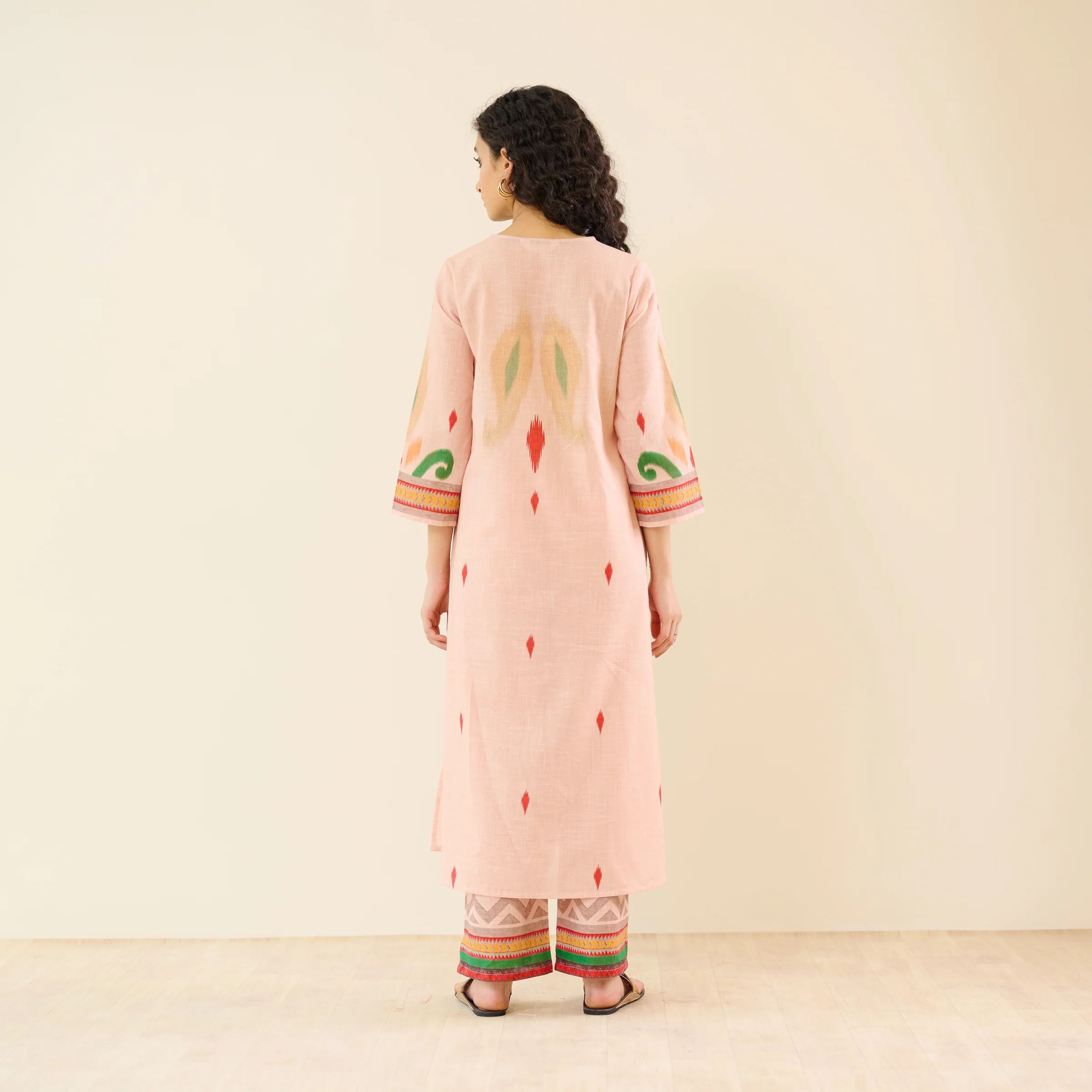 Loomlight Slub Cotton Ikat Inspired Kurta Set - Peach - Image 7