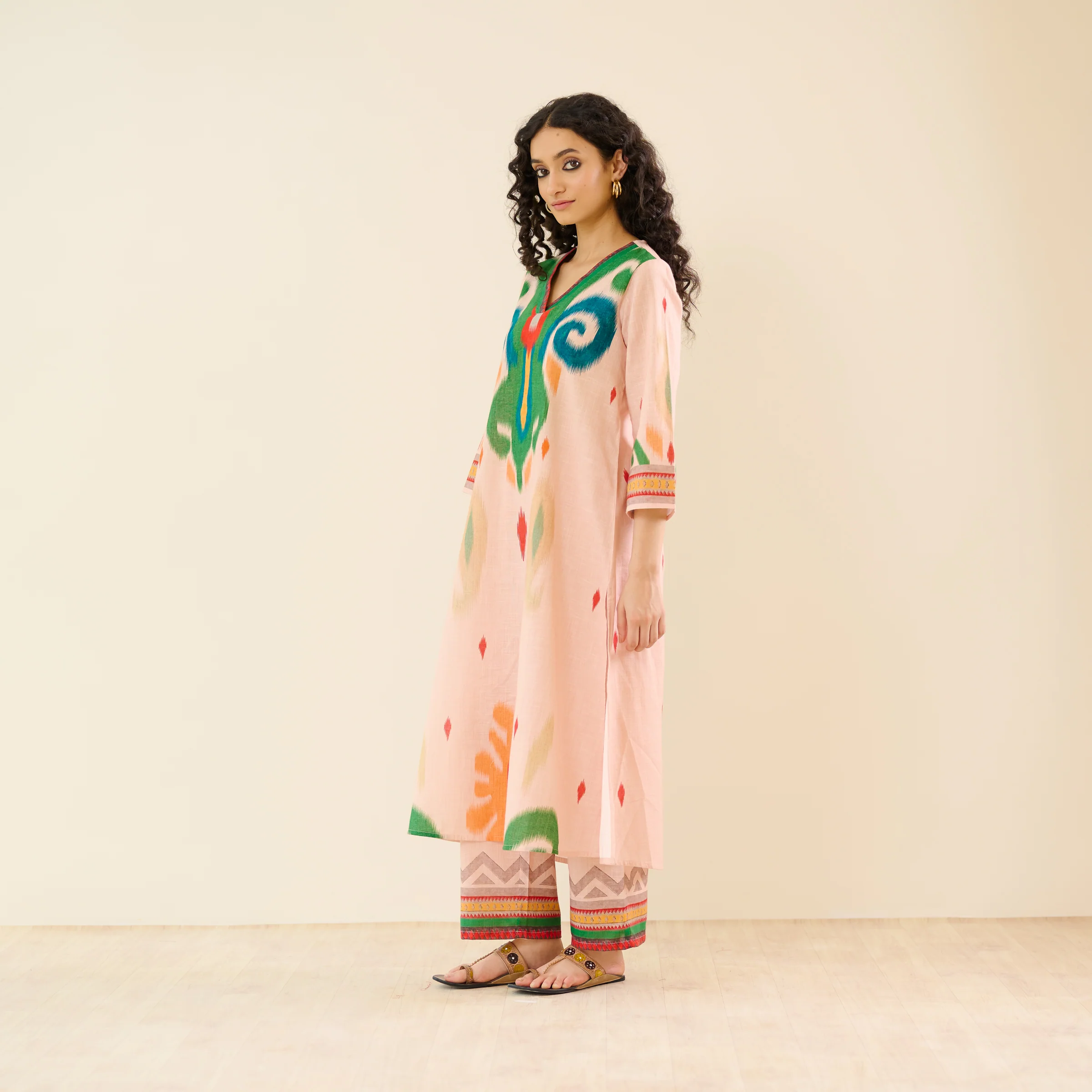 Loomlight Slub Cotton Ikat Inspired Kurta Set - Peach - Image 8