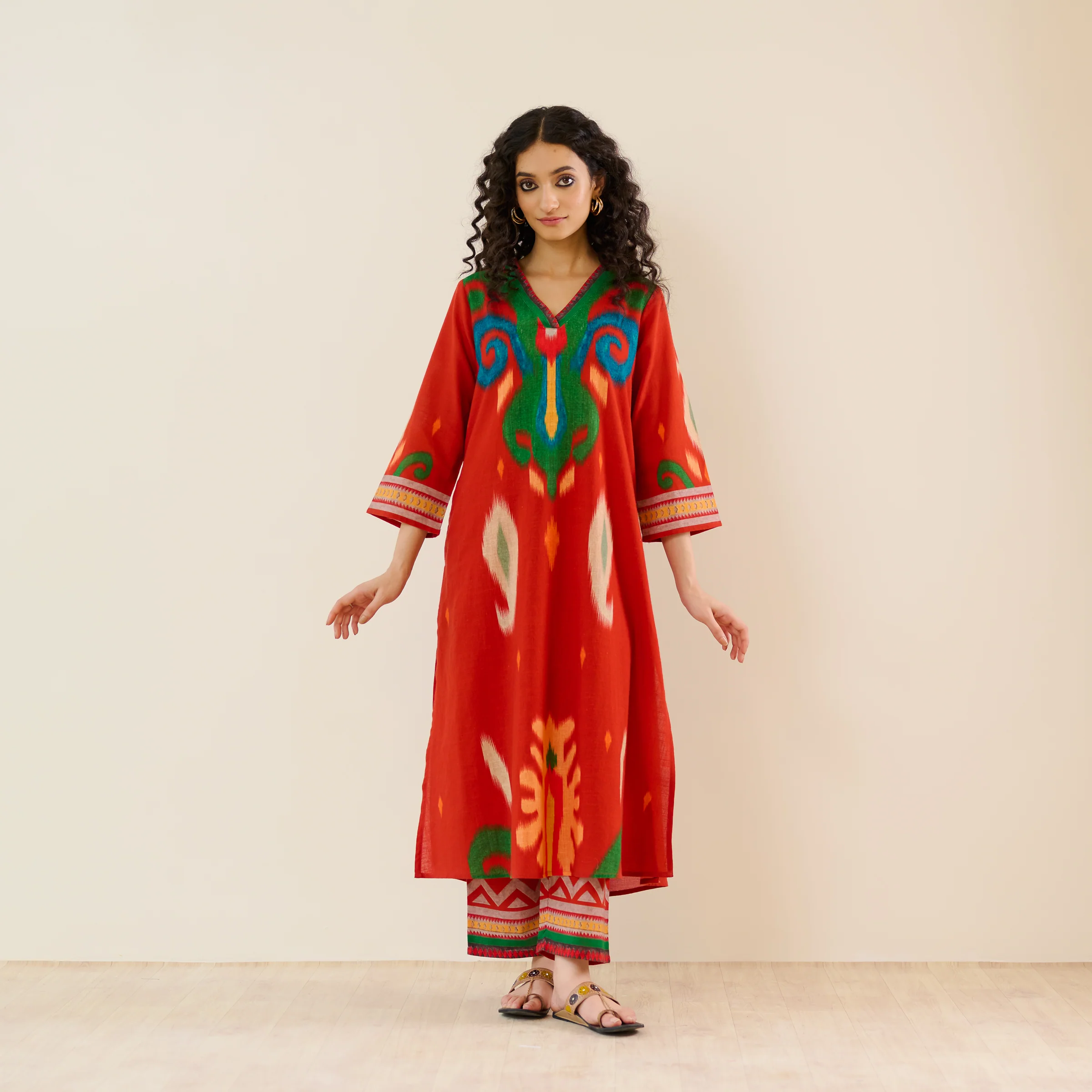 Loomlight Slub Cotton Ikat Inspired Kurta Set - Rust
