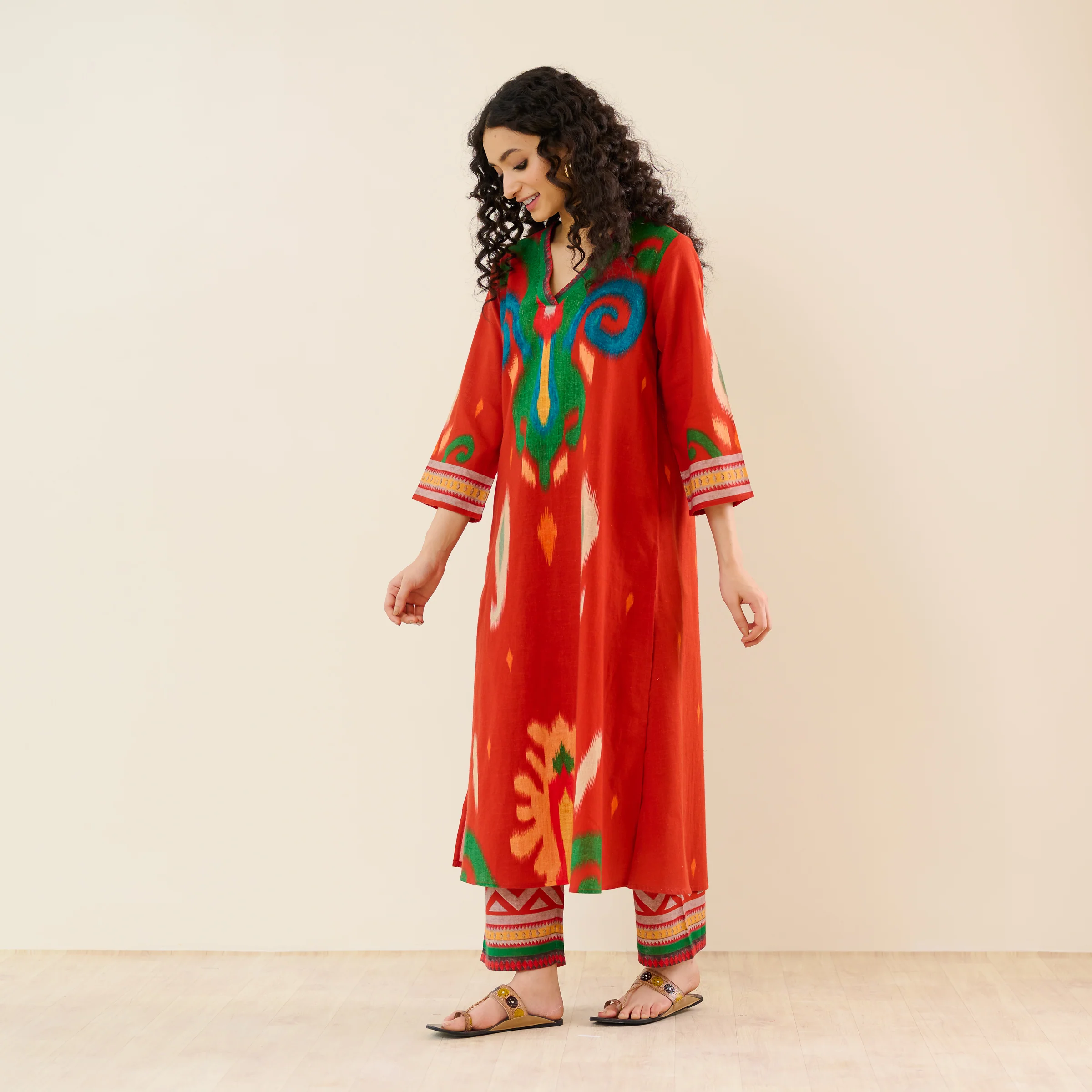 Loomlight Slub Cotton Ikat Inspired Kurta Set - Rust - Image 10