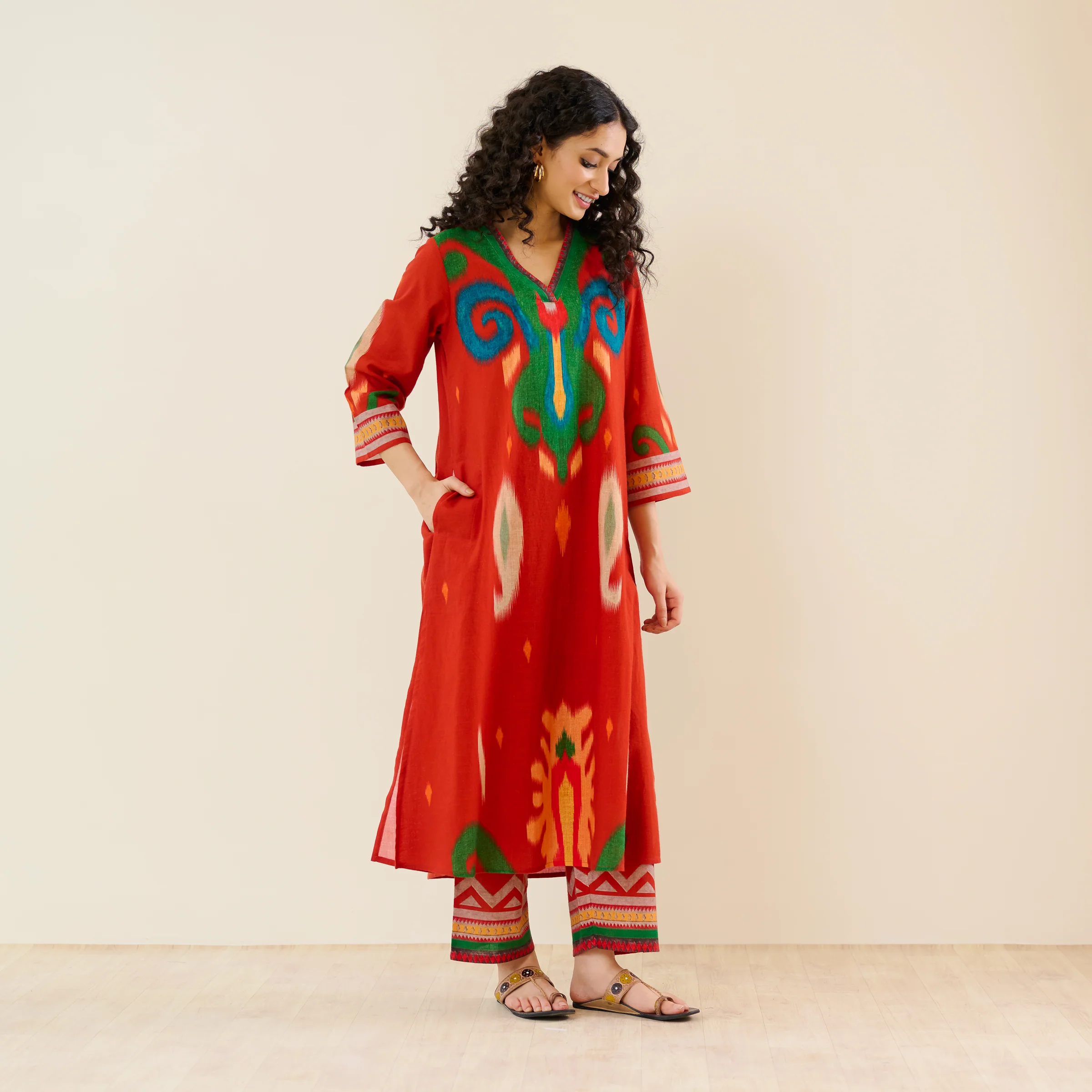 Loomlight Slub Cotton Ikat Inspired Kurta Set - Rust - Image 11