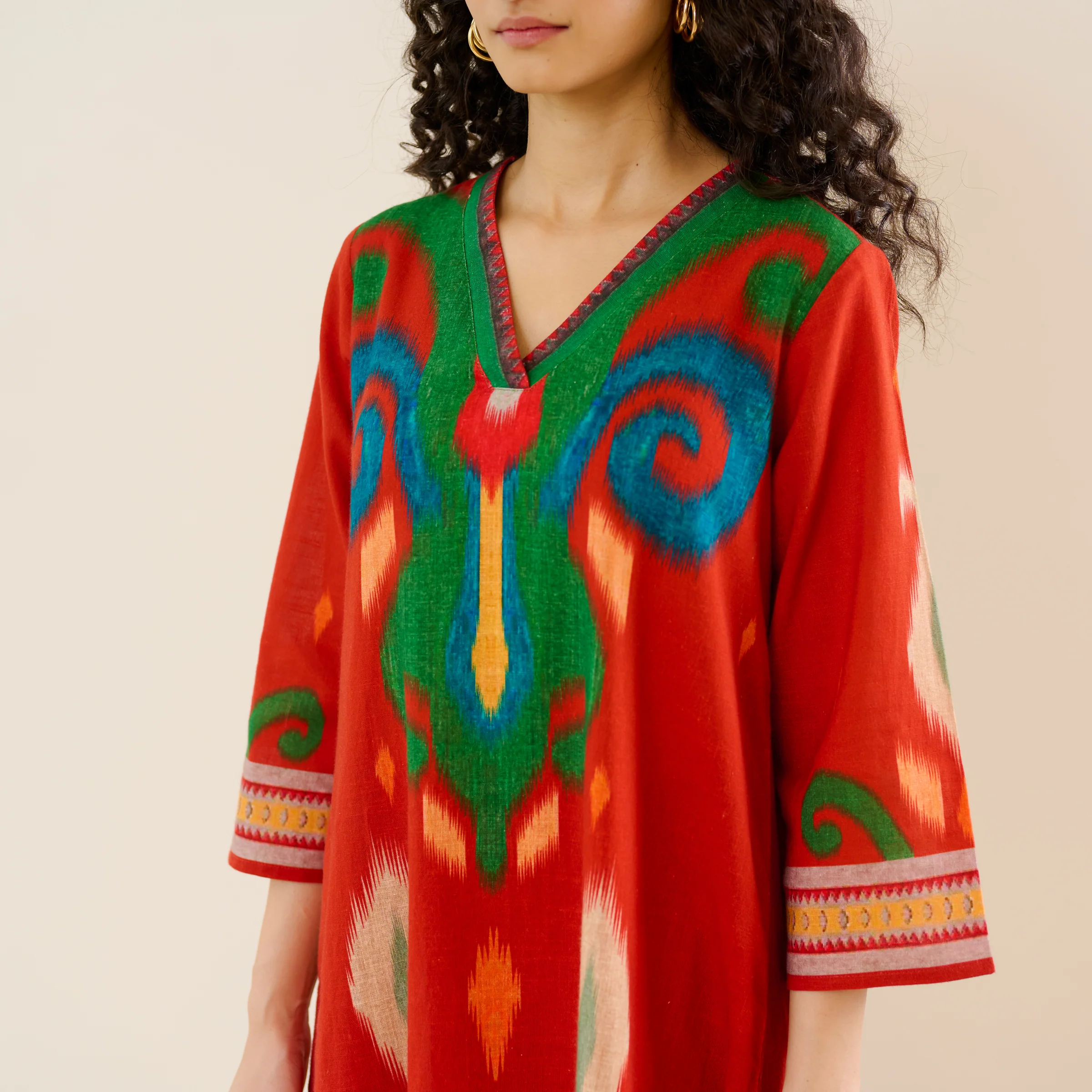 Loomlight Slub Cotton Ikat Inspired Kurta Set - Rust - Image 2