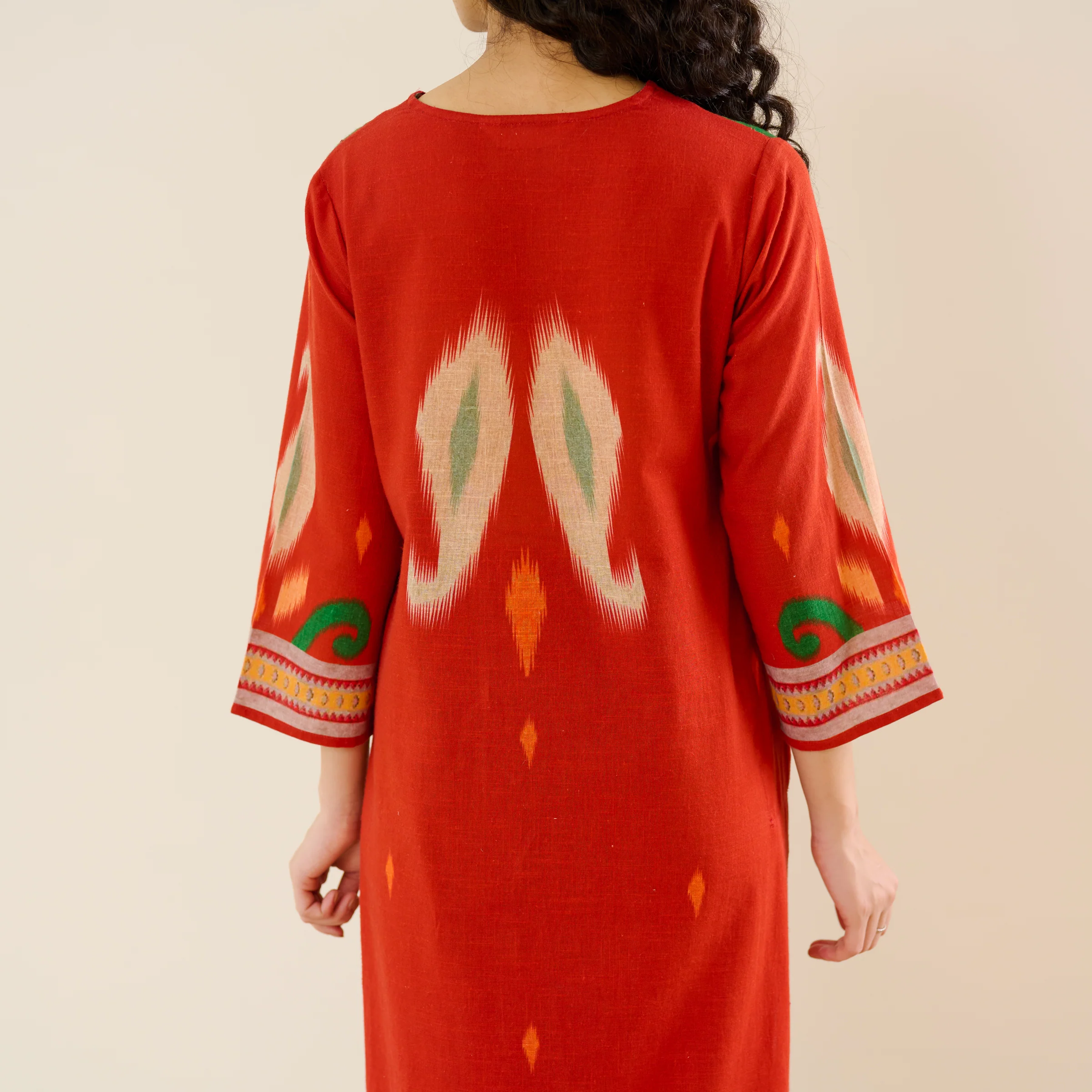 Loomlight Slub Cotton Ikat Inspired Kurta Set - Rust - Image 4