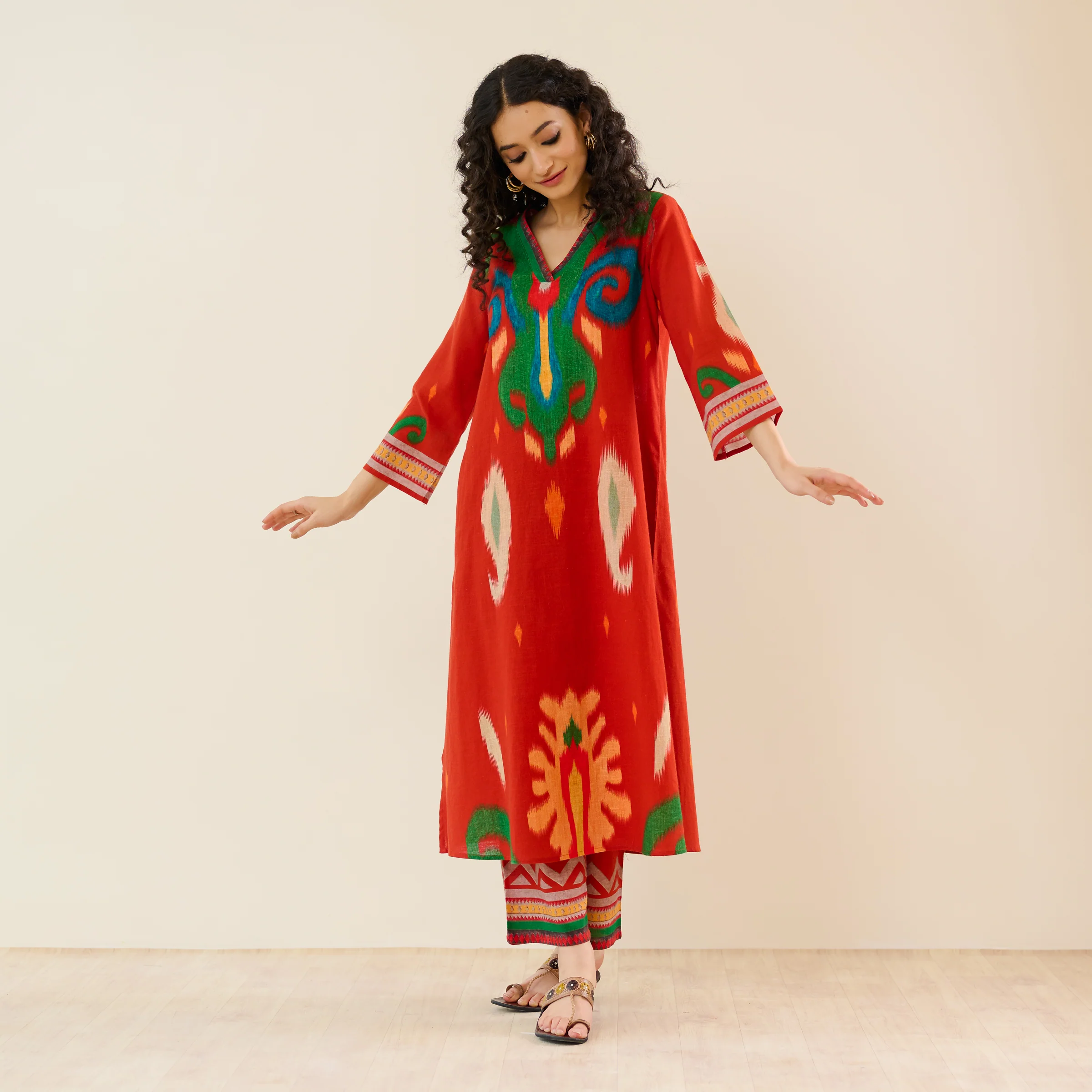Loomlight Slub Cotton Ikat Inspired Kurta Set - Rust - Image 5