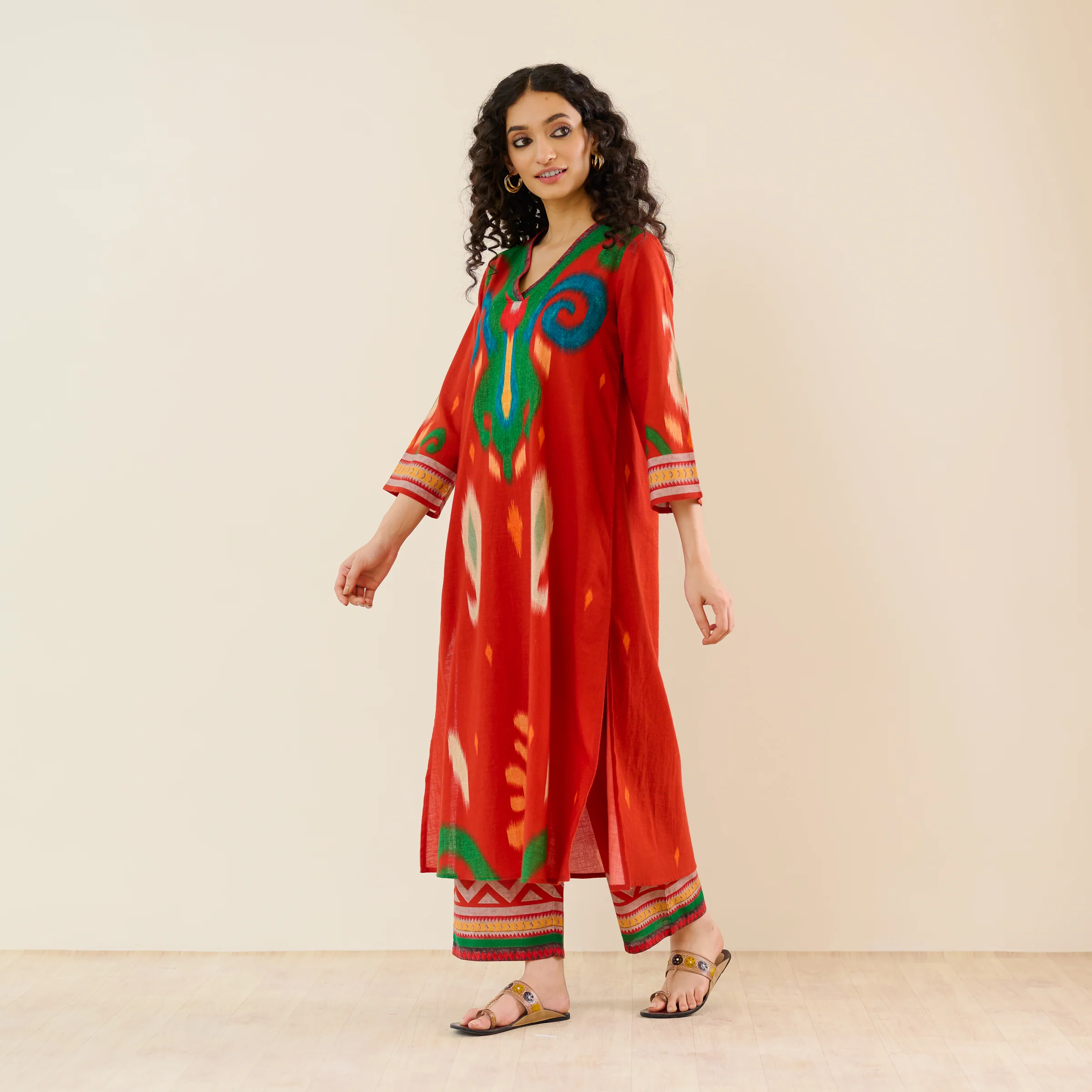 Loomlight Slub Cotton Ikat Inspired Kurta Set - Rust - Image 7