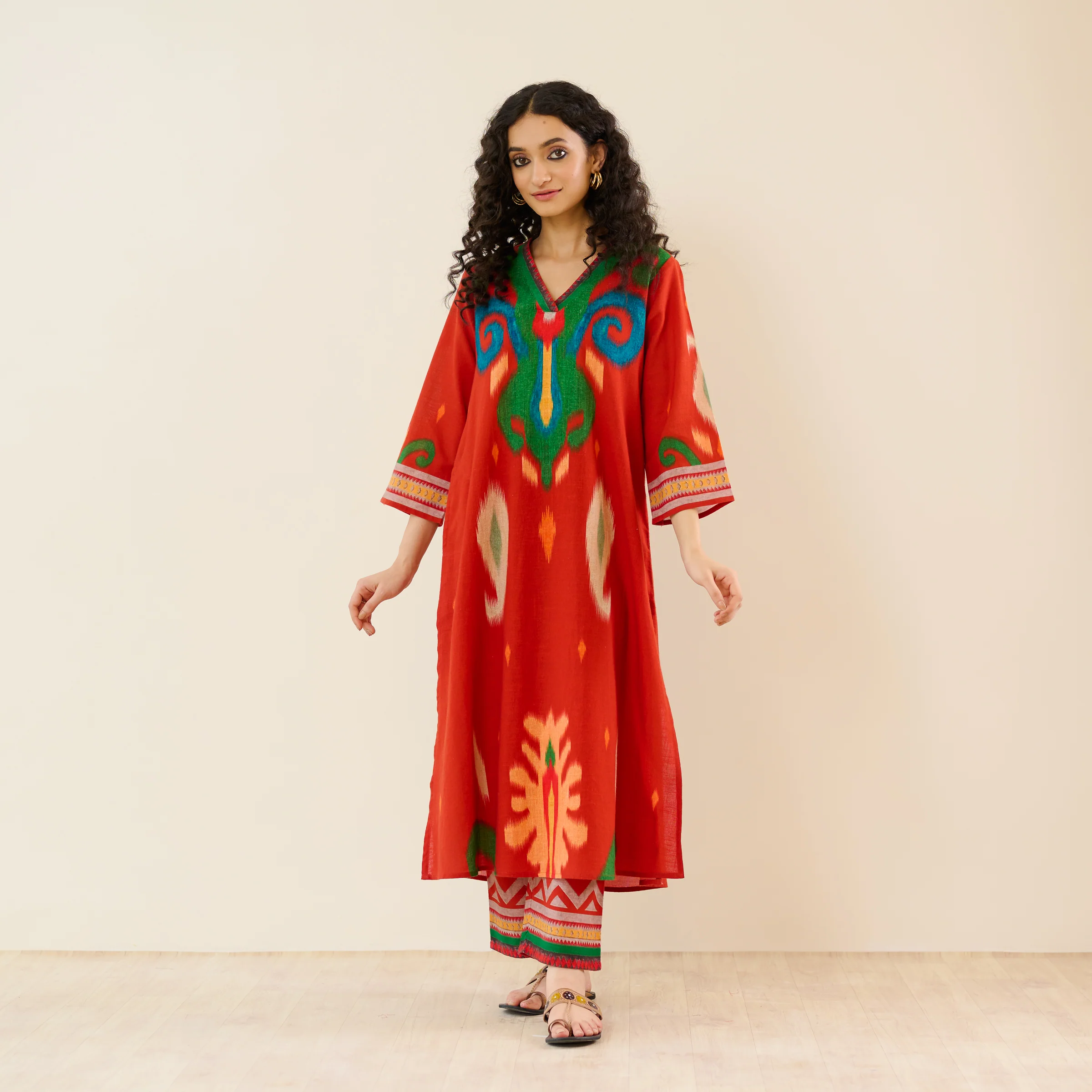 Loomlight Slub Cotton Ikat Inspired Kurta Set - Rust - Image 8